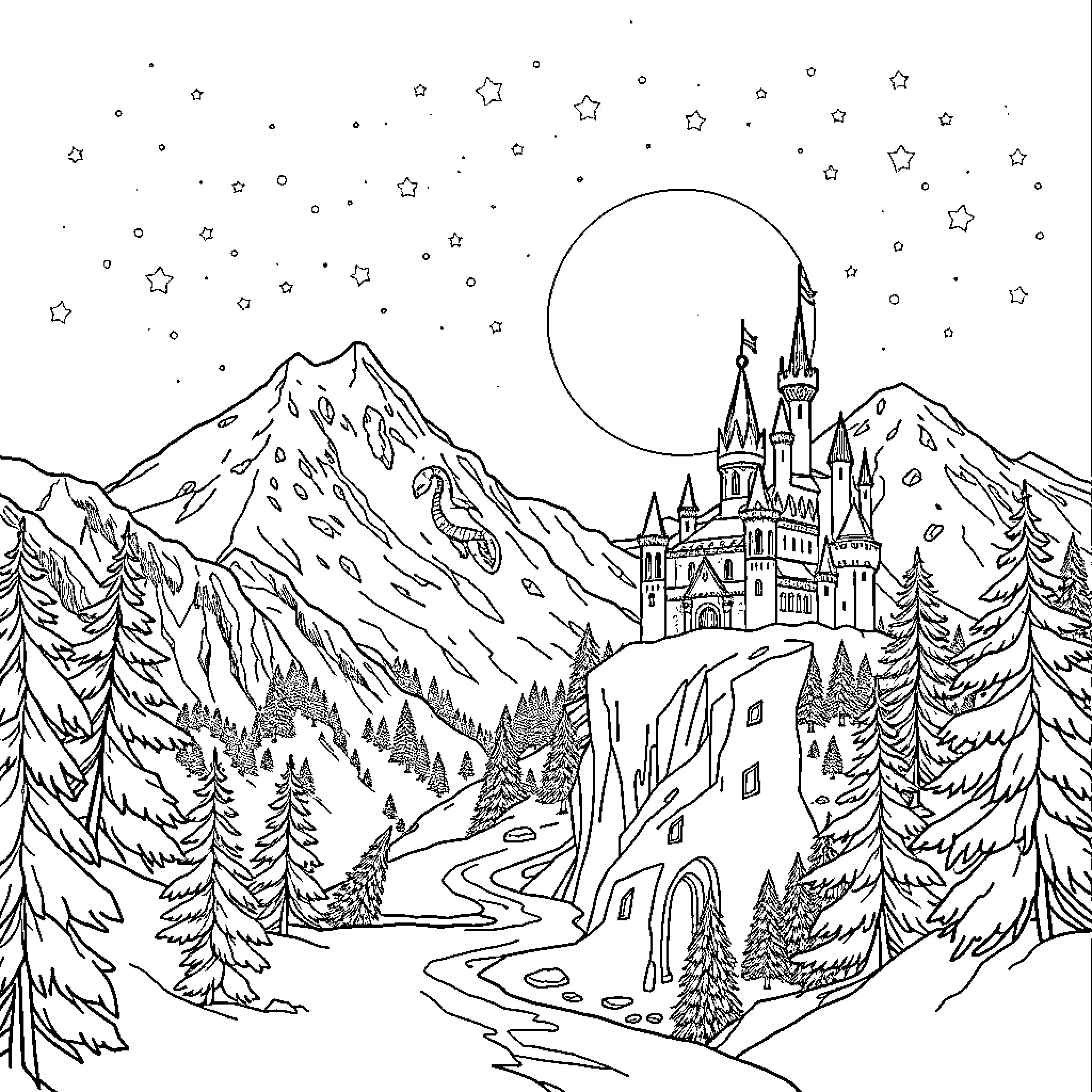 Snow Queen's Enchanted Castle in the Snowy Mountains Coloring Page (free black-and-white line drawing printable PDF for all, from beginners to advanced learners, including children, teens, adults, and seniors)