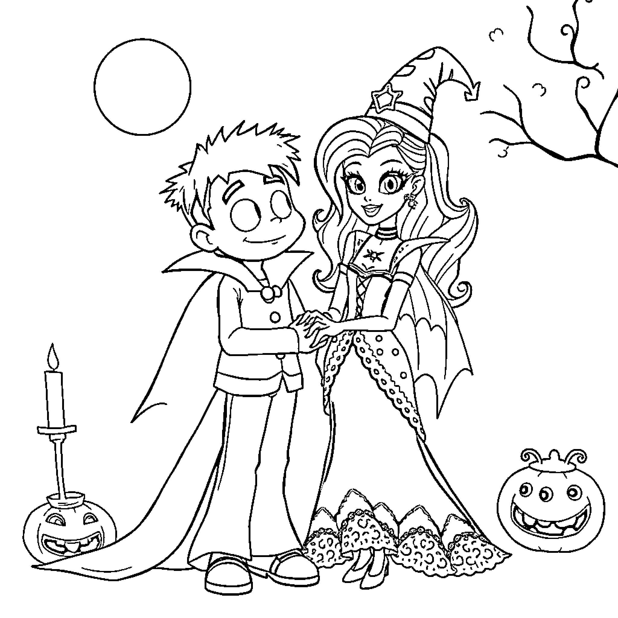 Sony characters in Halloween costumes celebrating Coloring Page (free black-and-white line drawing printable PDF for all, from beginners to advanced learners, including children, teens, adults, and seniors)