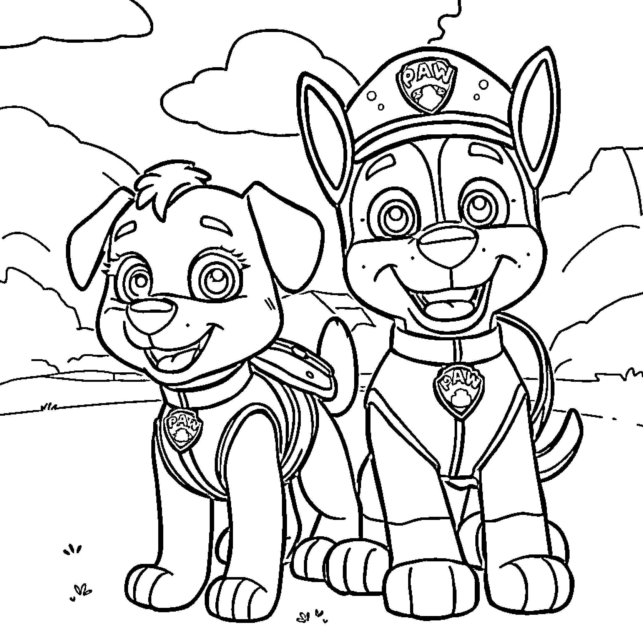 Bluey and Paw Patrol friends explore the outdoors Coloring Page (free black-and-white line drawing printable PDF for all, from beginners to advanced learners, including children, teens, adults, and seniors)