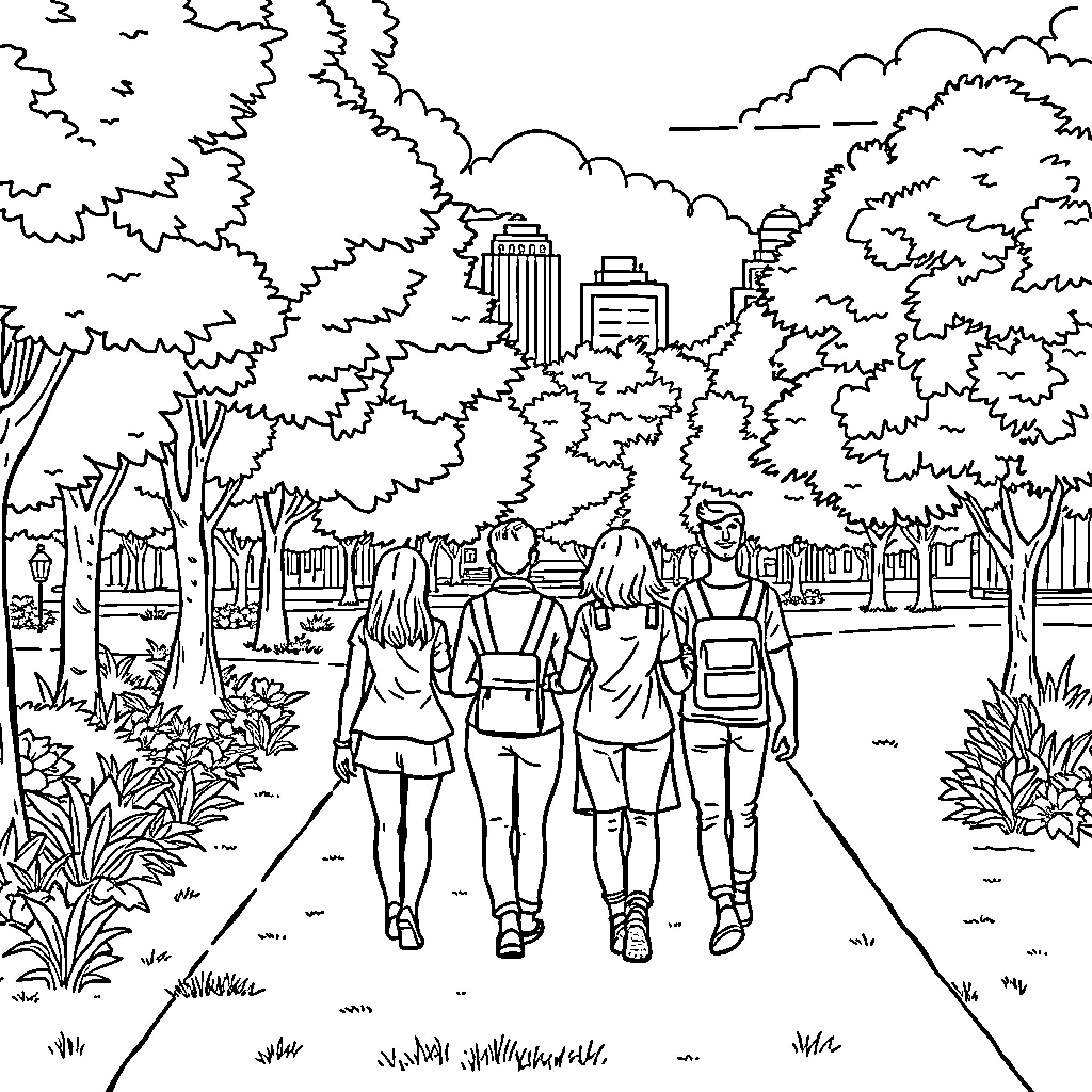 Union of Friends Strolling Through the City Park Coloring Page (free black-and-white line drawing printable PDF for all, from beginners to advanced learners, including children, teens, adults, and seniors)