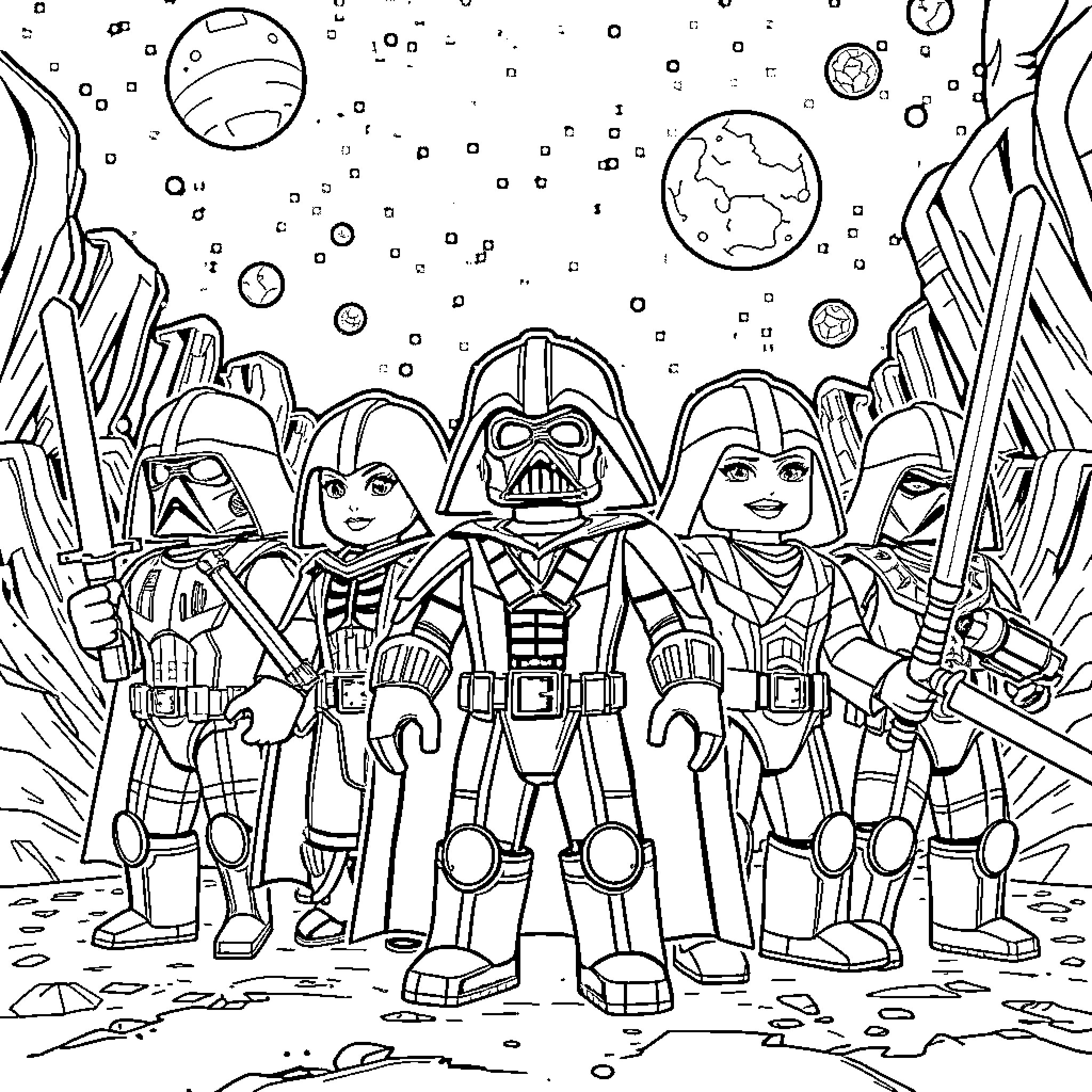 Roblox Sci-Fi Figures Exploring Outer Space Coloring Page (free black-and-white line drawing printable PDF for all, from beginners to advanced learners, including children, teens, adults, and seniors)