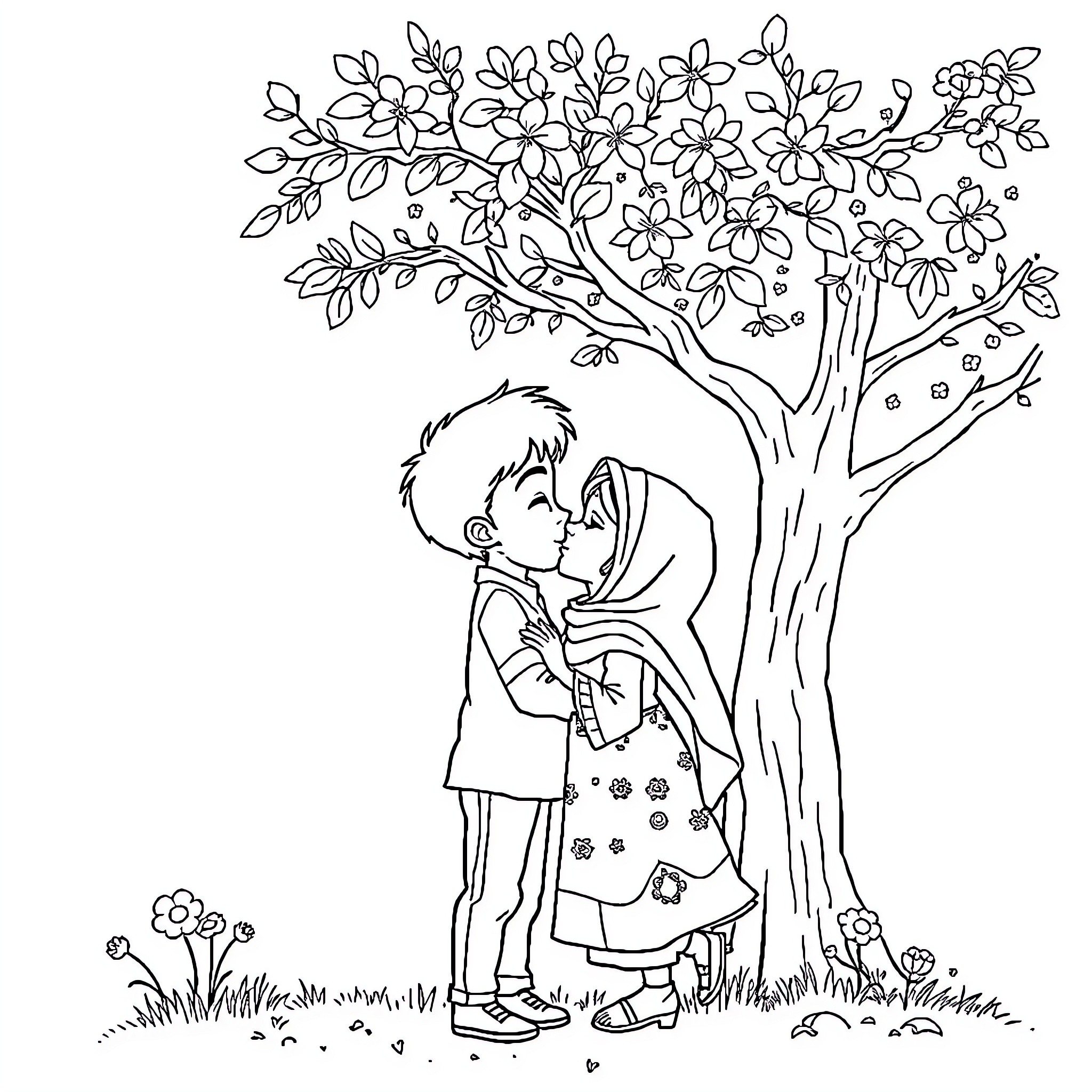 Boy and girl sharing a tender moment under a blossoming tree Coloring Page (free black-and-white line drawing printable PDF for all, from beginners to advanced learners, including children, teens, adults, and seniors)