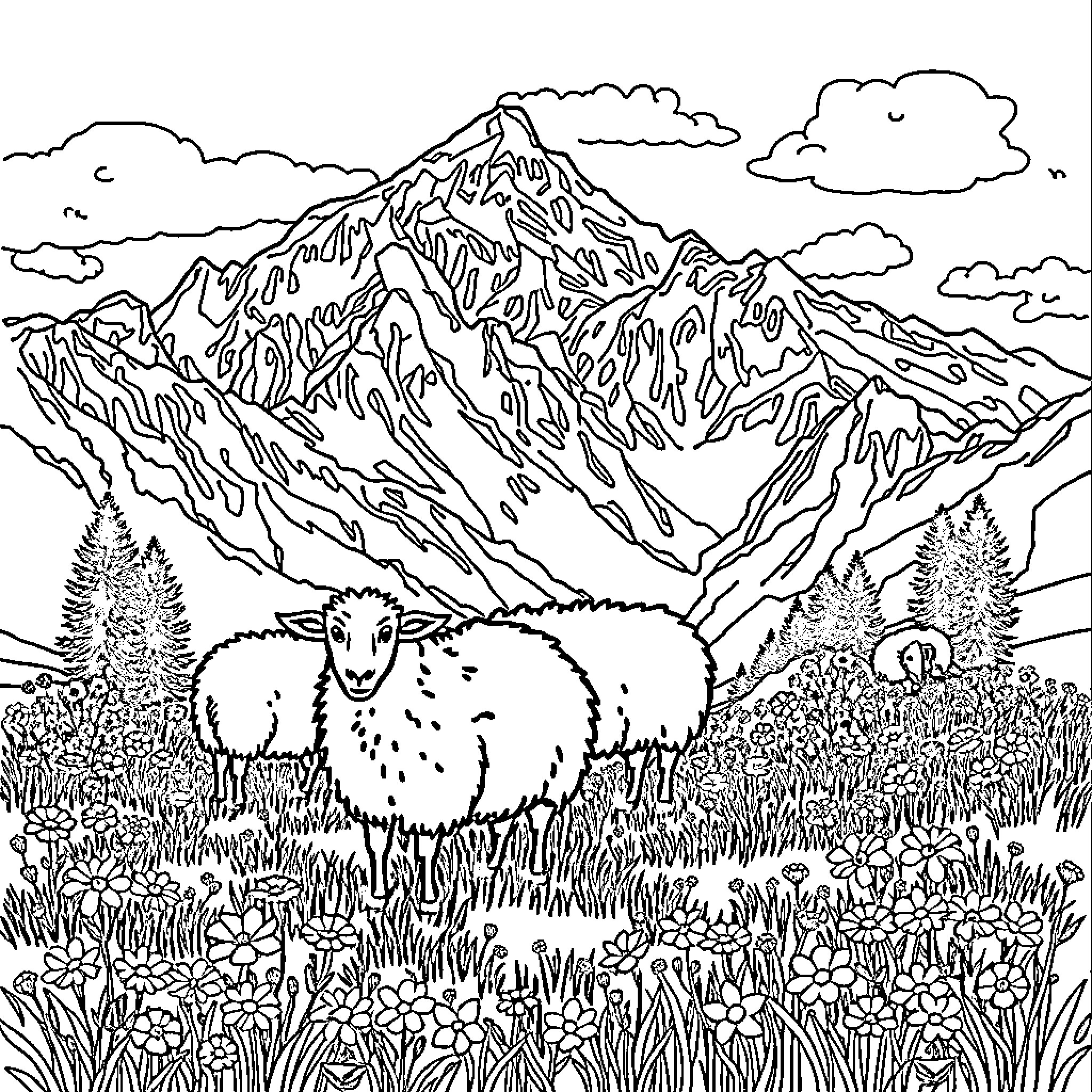 Mountain Landscape with Grazing Sheep Coloring Page (free black-and-white line drawing printable PDF for all, from beginners to advanced learners, including children, teens, adults, and seniors)