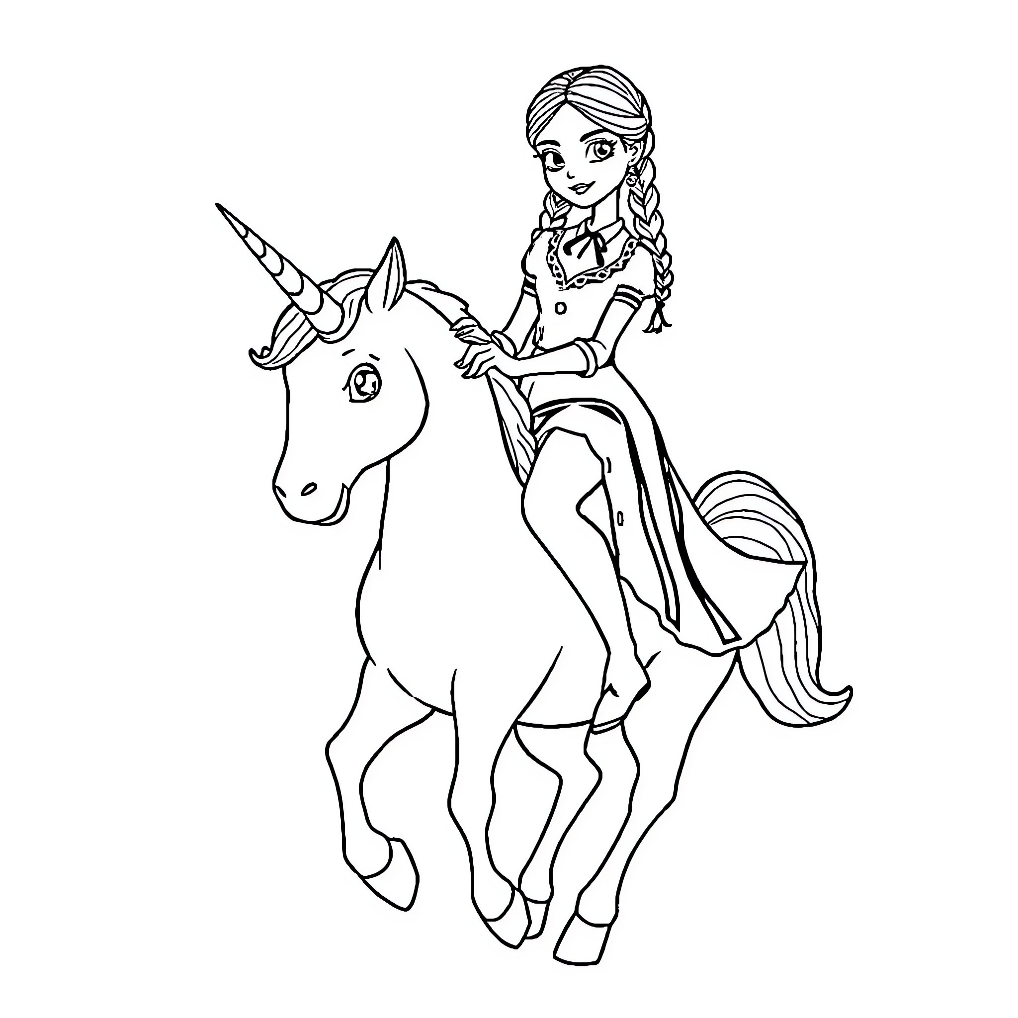 Wednesday Addams riding a unicorn in a fantasy scene Coloring Page (free black-and-white line drawing printable PDF for all, from beginners to advanced learners, including children, teens, adults, and seniors)