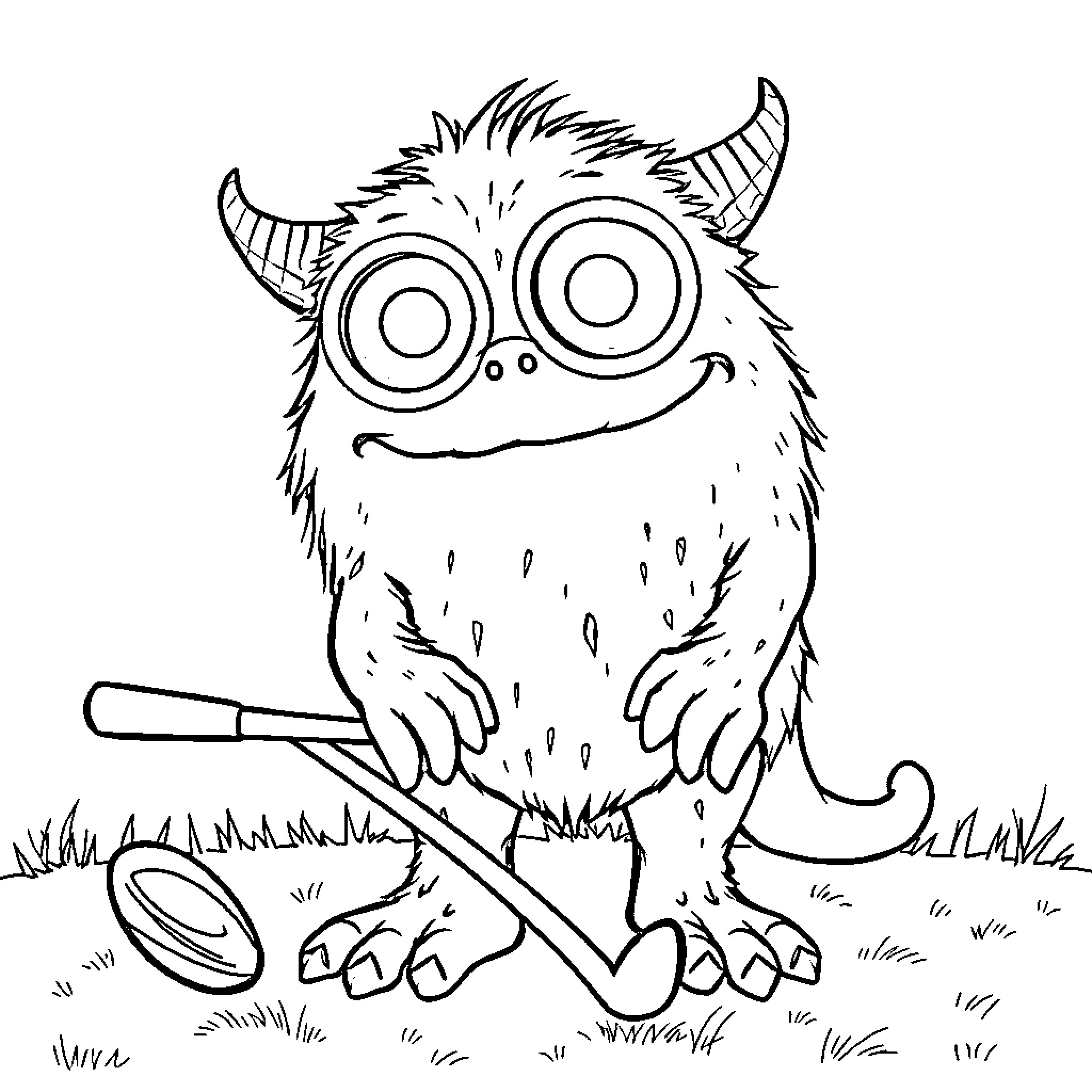 Monster playing with toy instruments in a field Coloring Page (free black-and-white line drawing printable PDF for all, from beginners to advanced learners, including children, teens, adults, and seniors)
