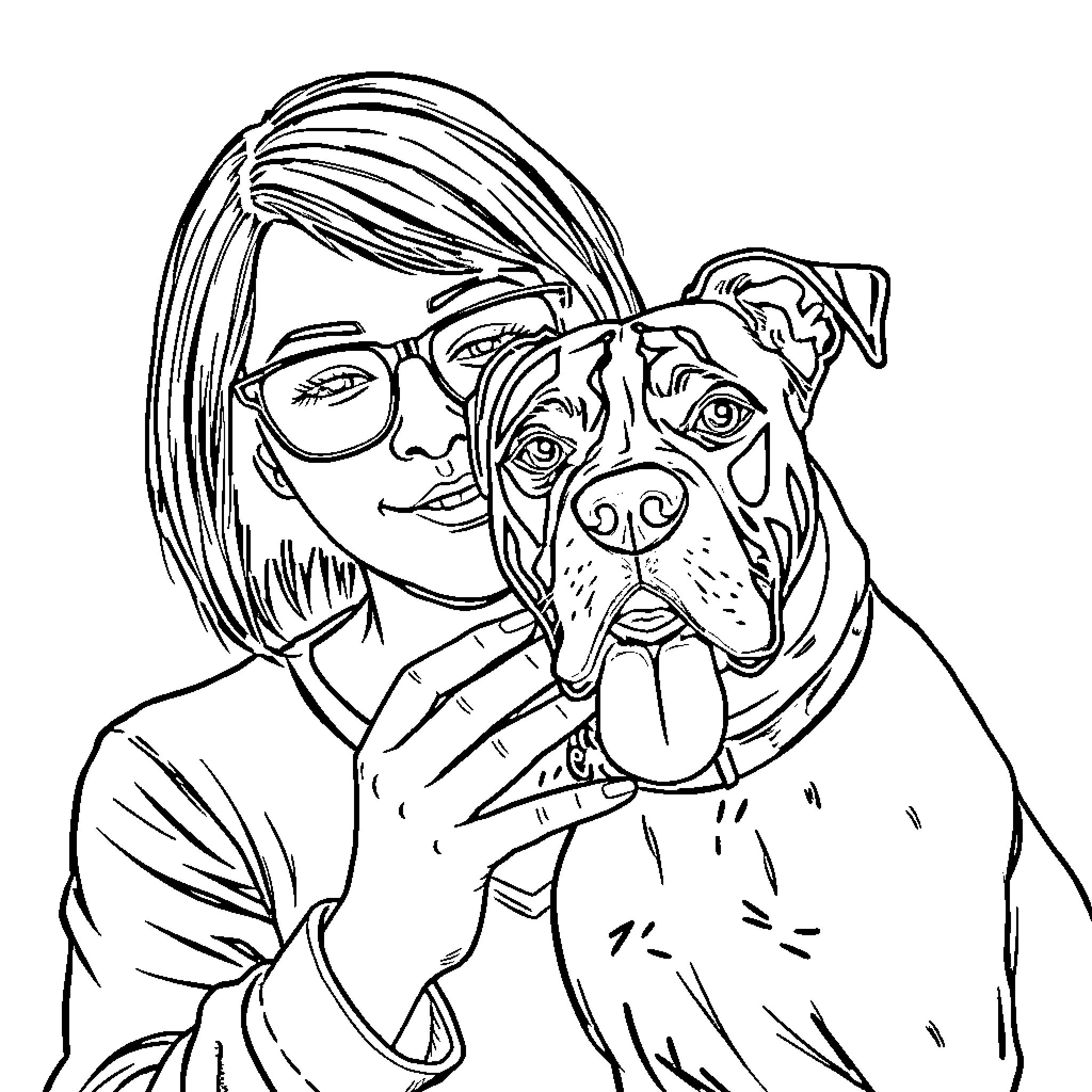 Woman embracing her pet dog affectionately Coloring Page (free black-and-white line drawing printable PDF for all, from beginners to advanced learners, including children, teens, adults, and seniors)