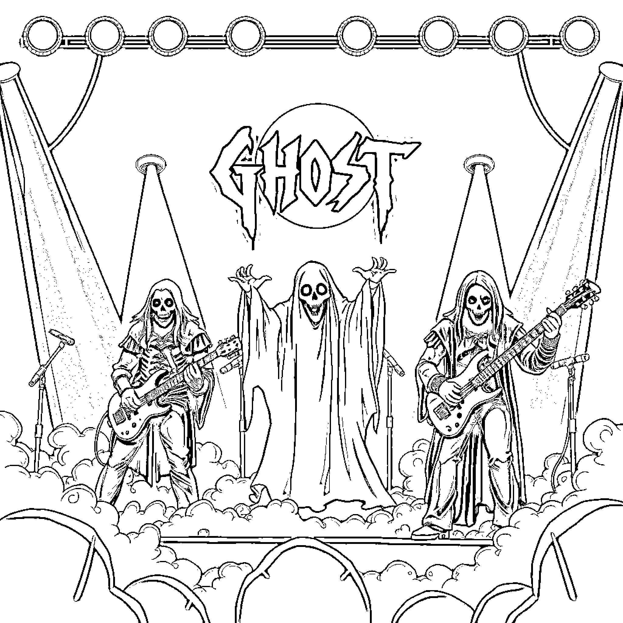 Ghost band performing on stage with dramatic lighting Coloring Page (free black-and-white line drawing printable PDF for all, from beginners to advanced learners, including children, teens, adults, and seniors)