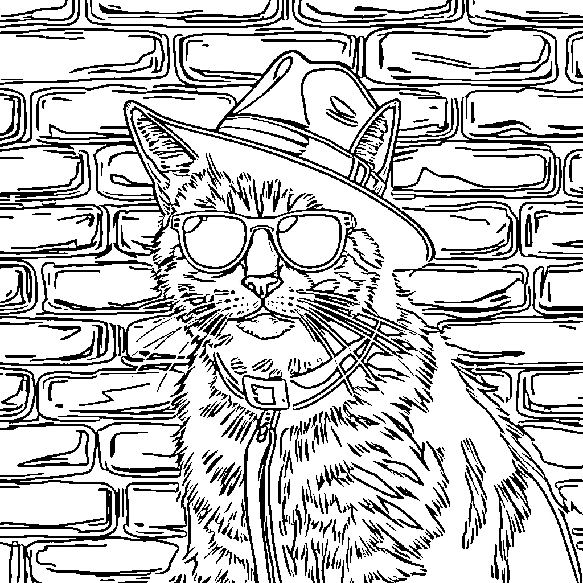 Gangster Cat in Shades and Cowboy Hat Coloring Page (free black-and-white line drawing printable PDF for all, from beginners to advanced learners, including children, teens, adults, and seniors)