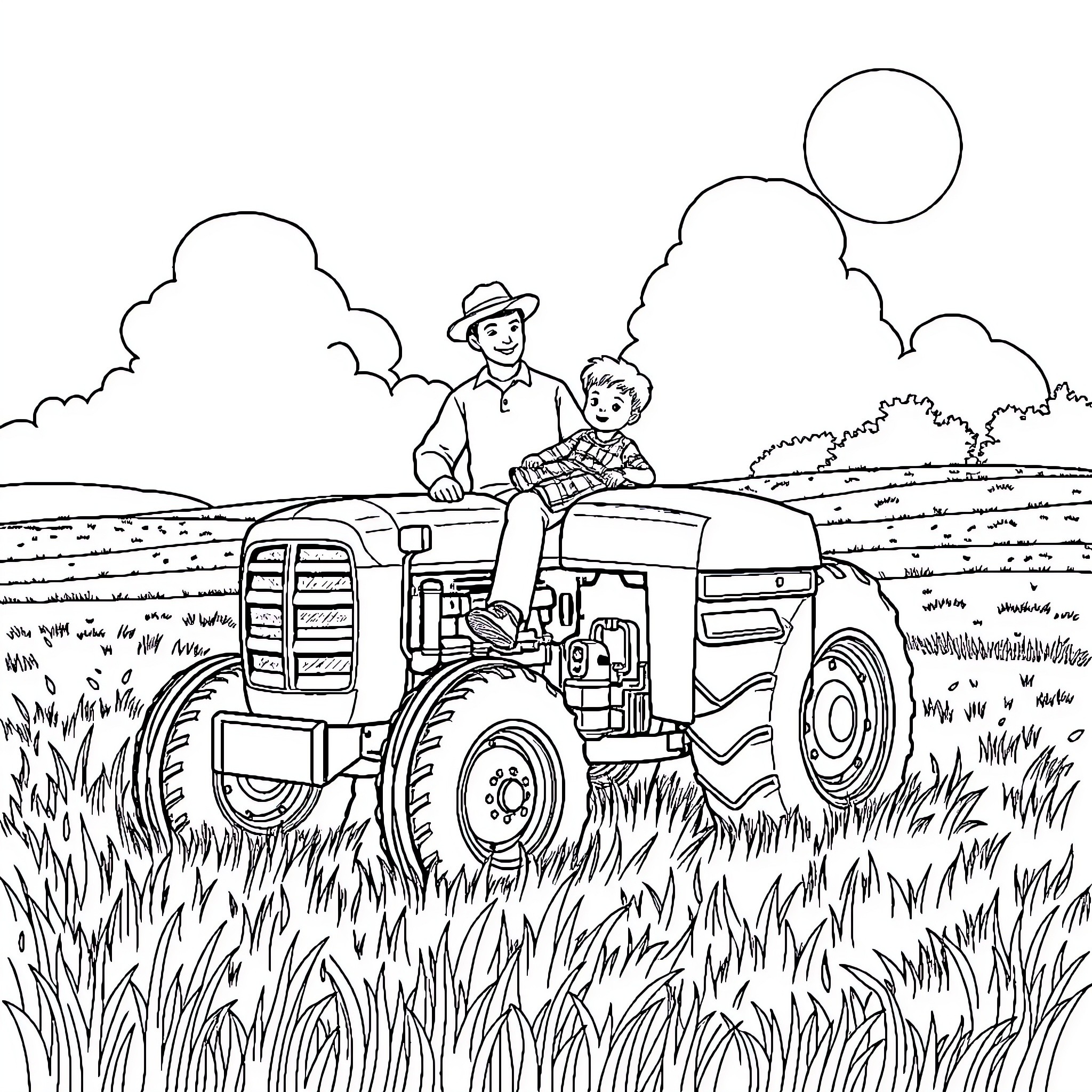 Tractor Ride with Father and Child through the Fields Coloring Page (free black-and-white line drawing printable PDF for all, from beginners to advanced learners, including children, teens, adults, and seniors)