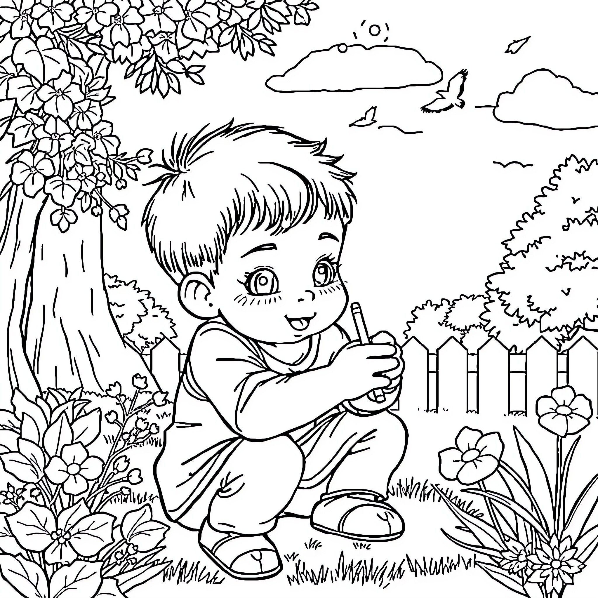 Child exploring nature with curiosity Coloring Page (free black-and-white line drawing printable PDF for all, from beginners to advanced learners, including children, teens, adults, and seniors)