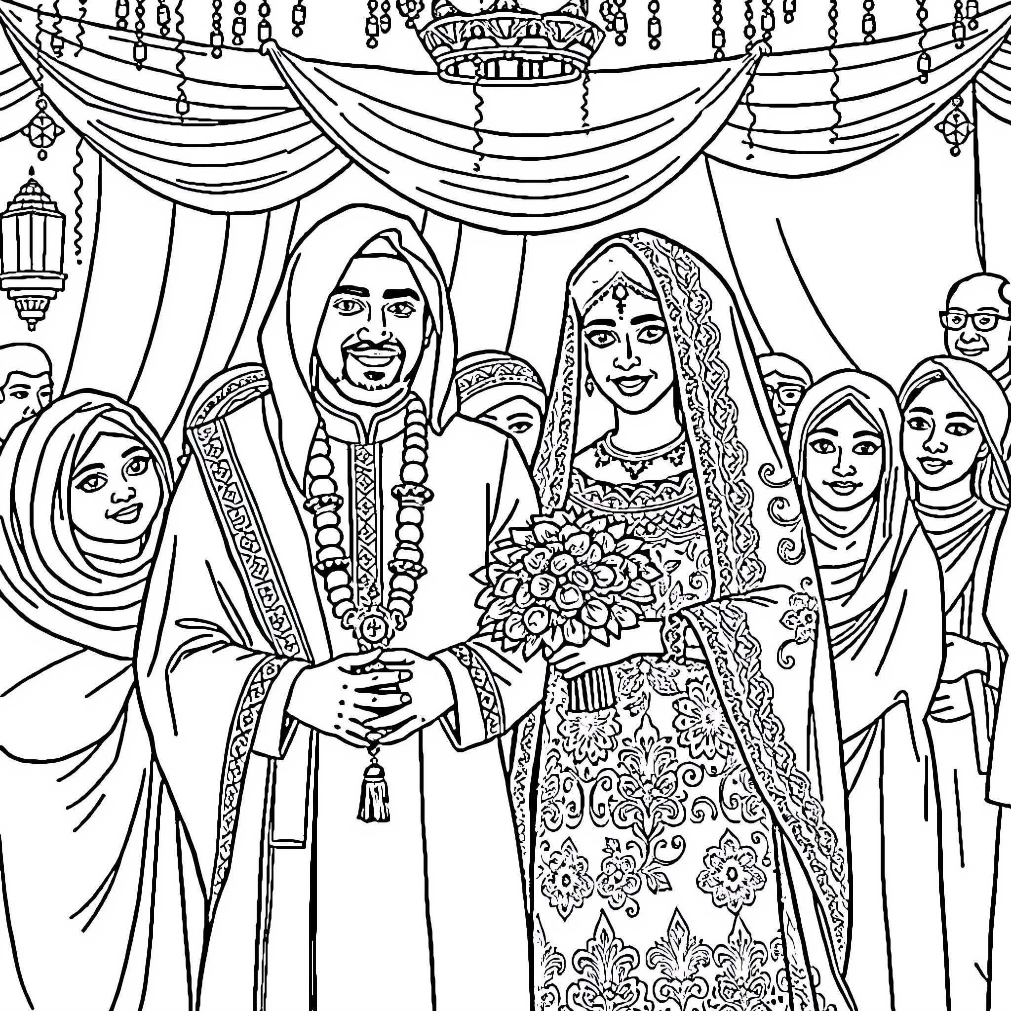 Marriage Ceremony with Elaborate Decor and Attire Coloring Page (free black-and-white line drawing printable PDF for all, from beginners to advanced learners, including children, teens, adults, and seniors)