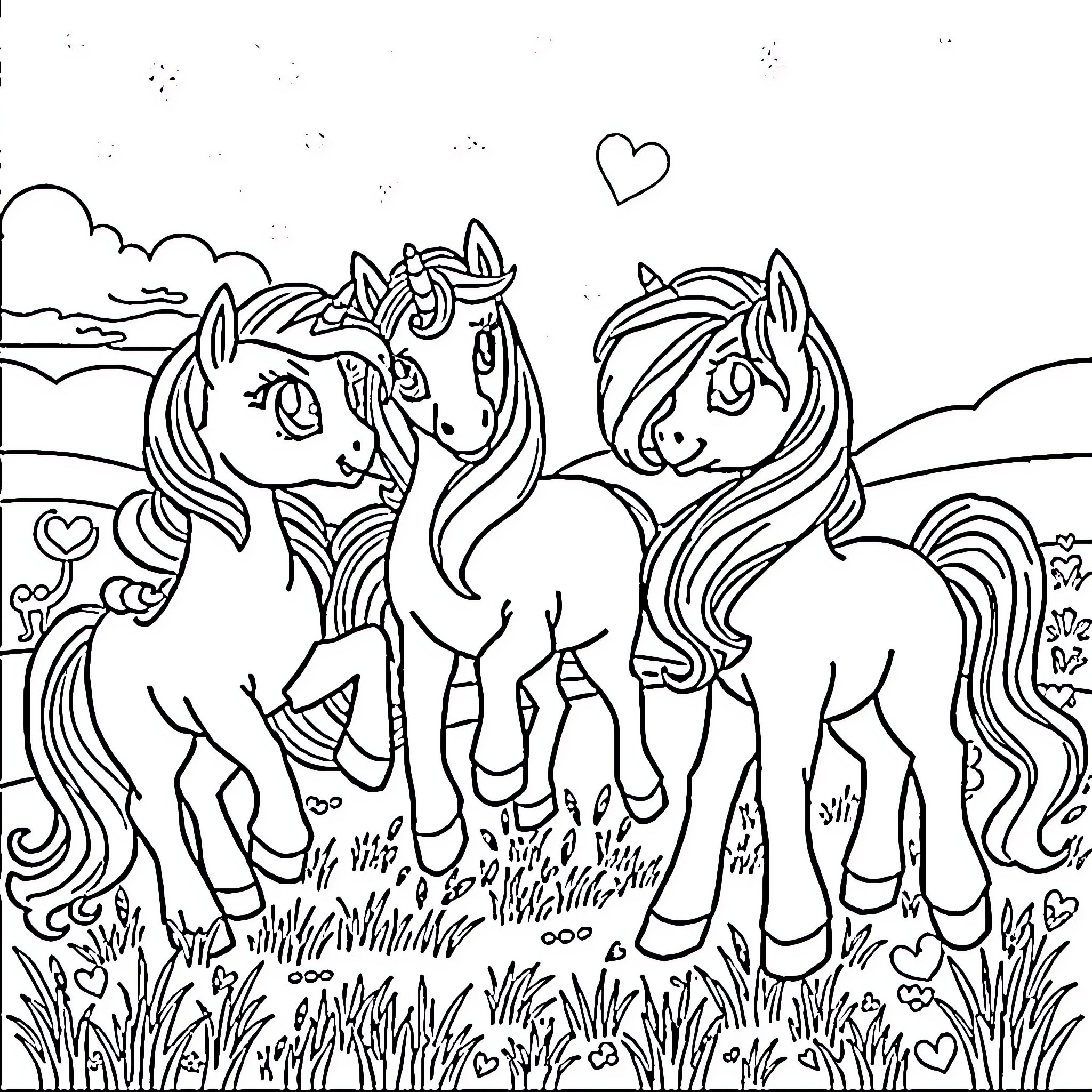 Pony friends enjoying the outdoors Coloring Page (free black-and-white line drawing printable PDF for all, from beginners to advanced learners, including children, teens, adults, and seniors)