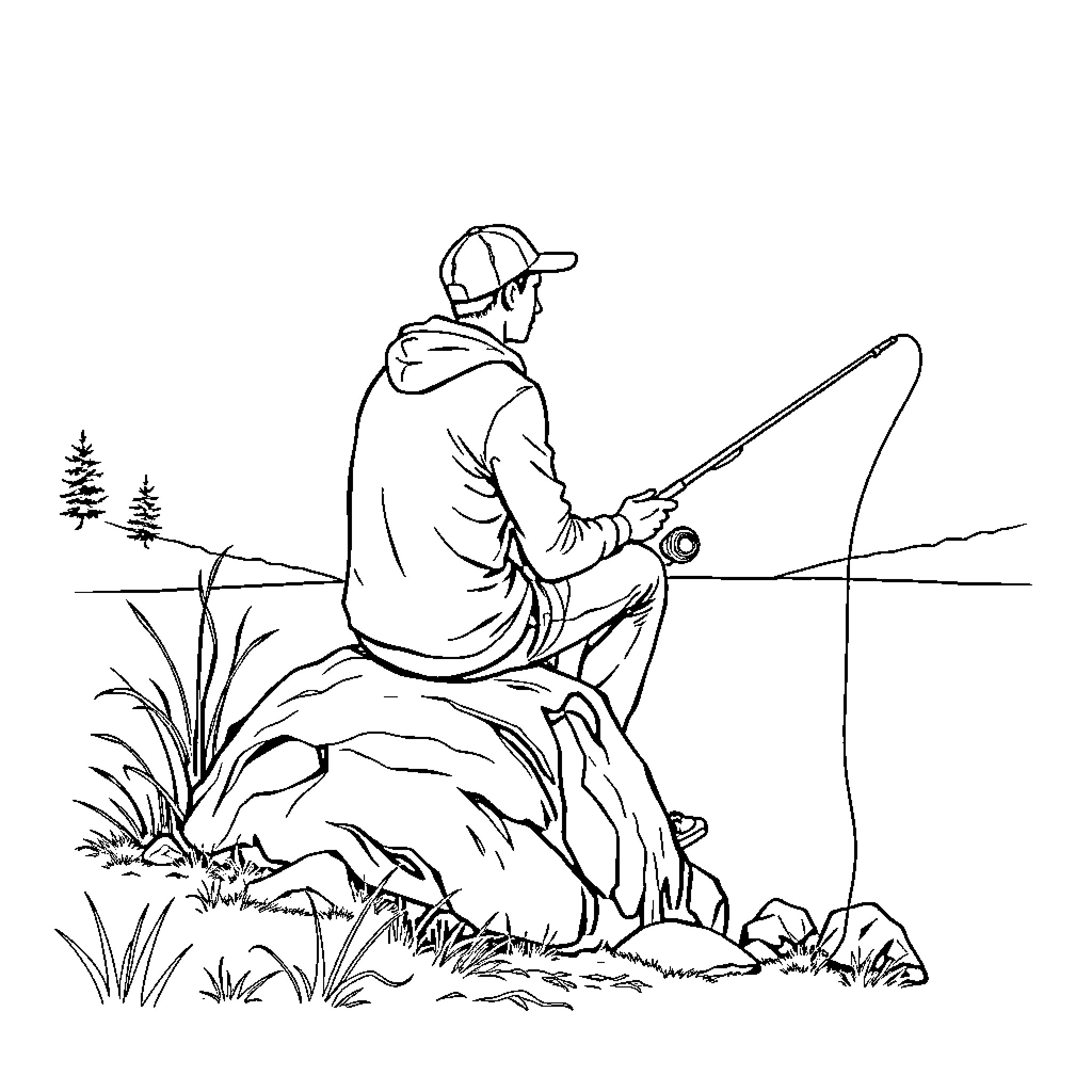 Guy fishing peacefully in scenic nature Coloring Page (free black-and-white line drawing printable PDF for all, from beginners to advanced learners, including children, teens, adults, and seniors)