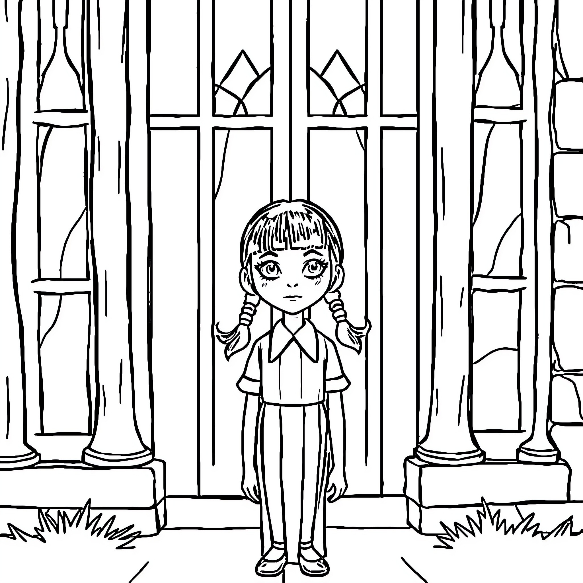 Wednesday Adams at the Haunted Mansion Coloring Page (free black-and-white line drawing printable PDF for all, from beginners to advanced learners, including children, teens, adults, and seniors)