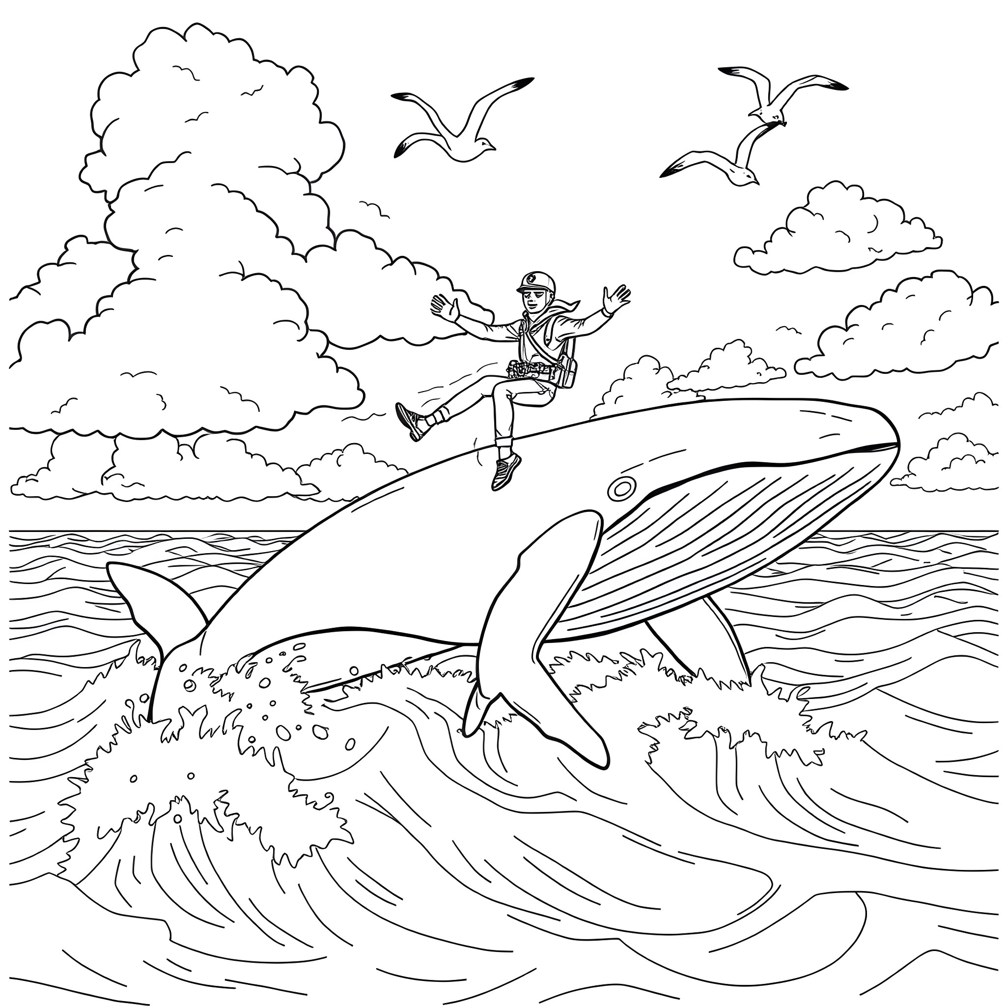 Pilot surfing on a giant whale in the ocean Coloring Page (free black-and-white line drawing printable PDF for all, from beginners to advanced learners, including children, teens, adults, and seniors)