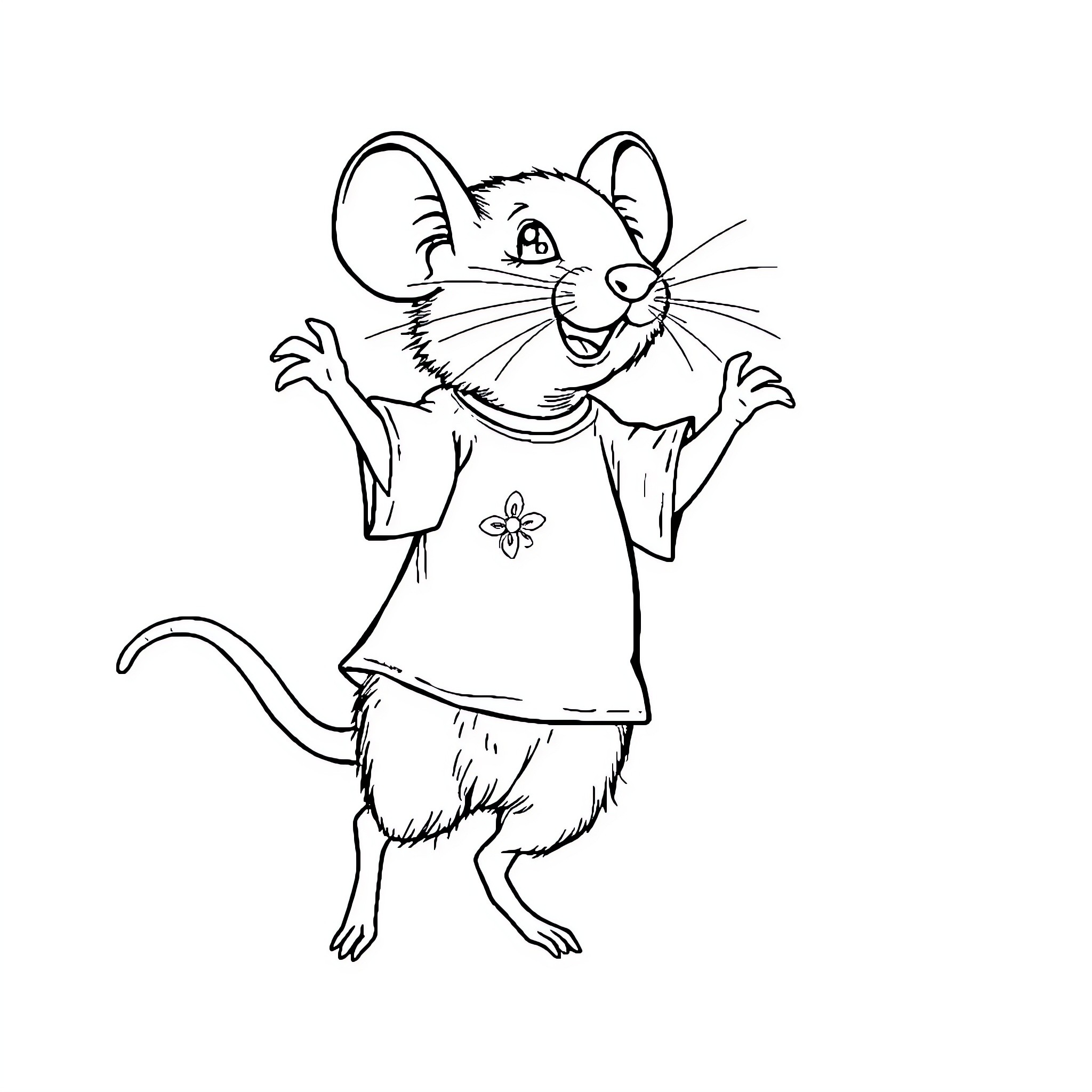 Mouse excitedly gesturing in floral outfit Coloring Page (free black-and-white line drawing printable PDF for all, from beginners to advanced learners, including children, teens, adults, and seniors)