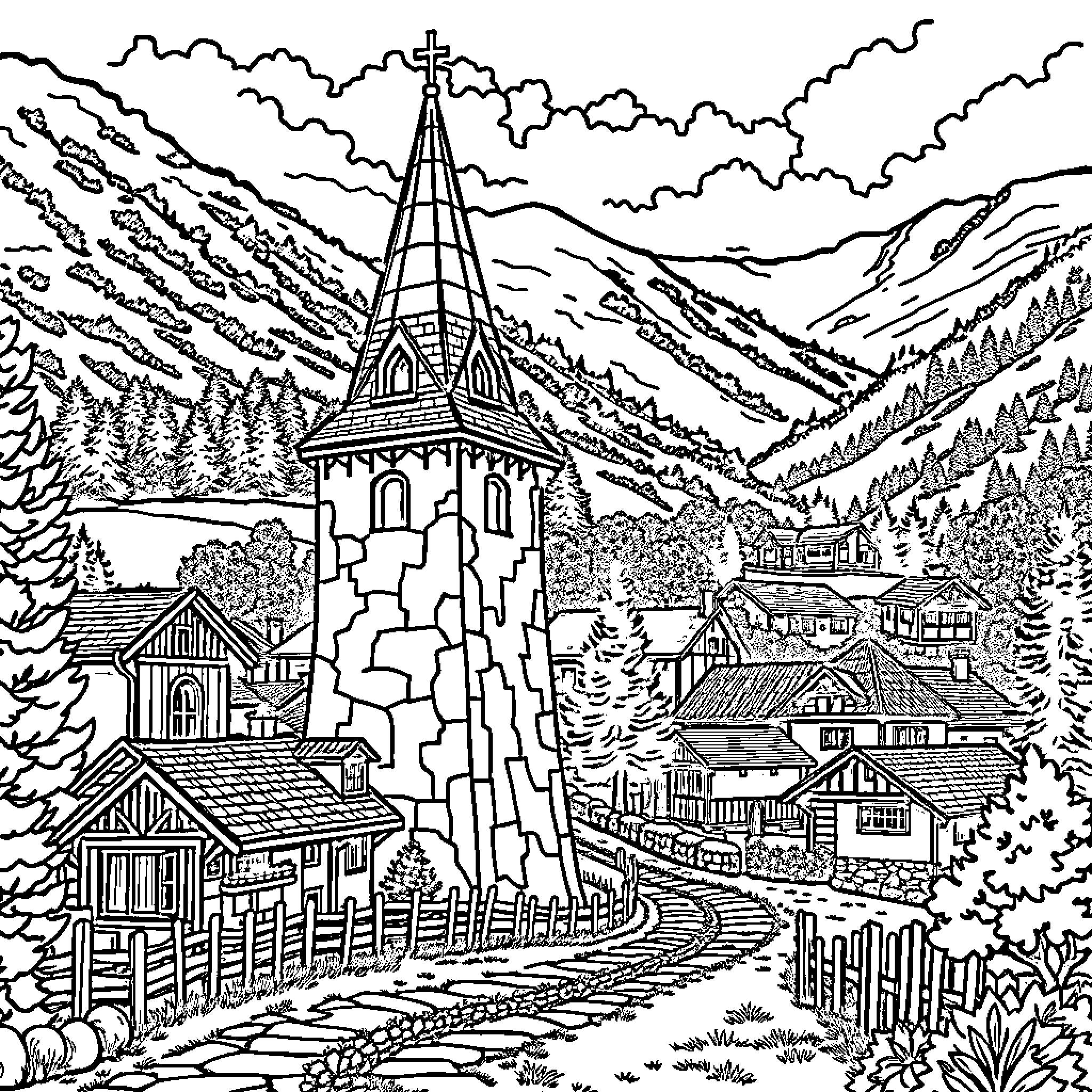 Goce Delcev's Mountain Village Landscape Coloring Page (free black-and-white line drawing printable PDF for all, from beginners to advanced learners, including children, teens, adults, and seniors)