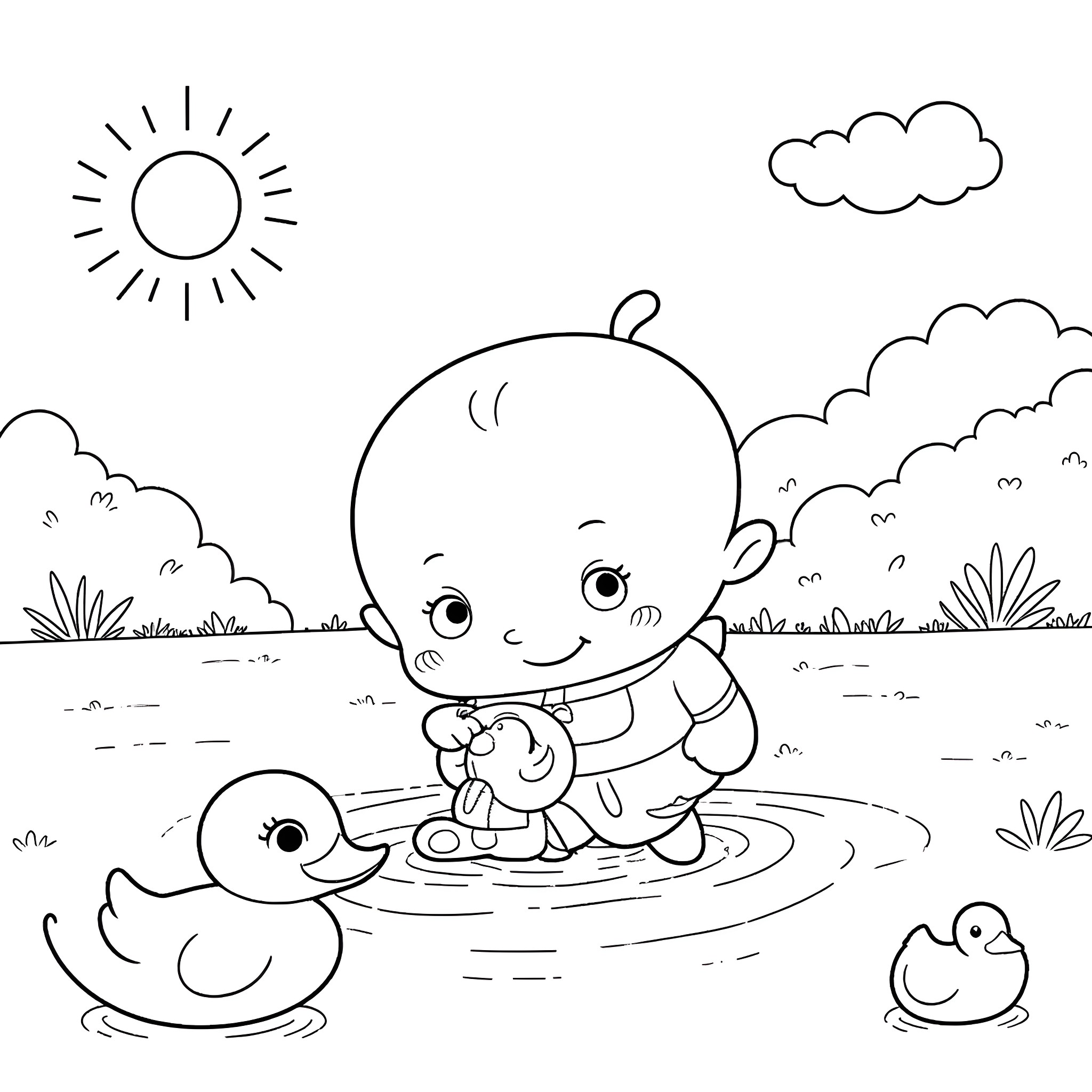 Gru playing with ducklings in the park Coloring Page (free black-and-white line drawing printable PDF for all, from beginners to advanced learners, including children, teens, adults, and seniors)