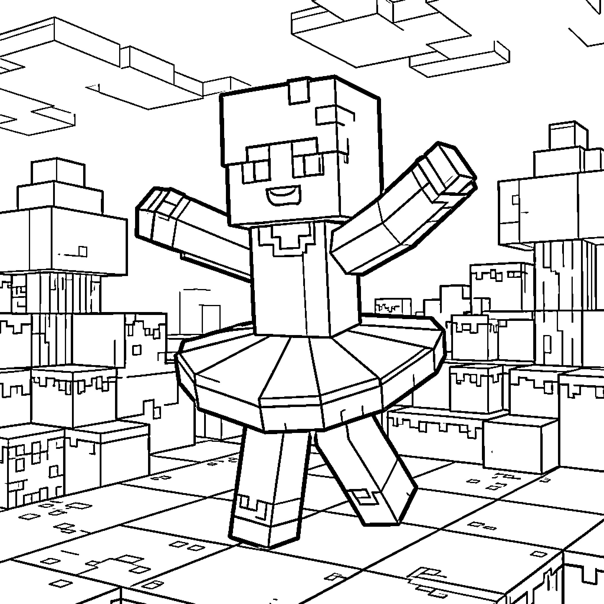 Ballerina dancing joyfully in a blocky pixelated world Coloring Page (free black-and-white line drawing printable PDF for all, from beginners to advanced learners, including children, teens, adults, and seniors)