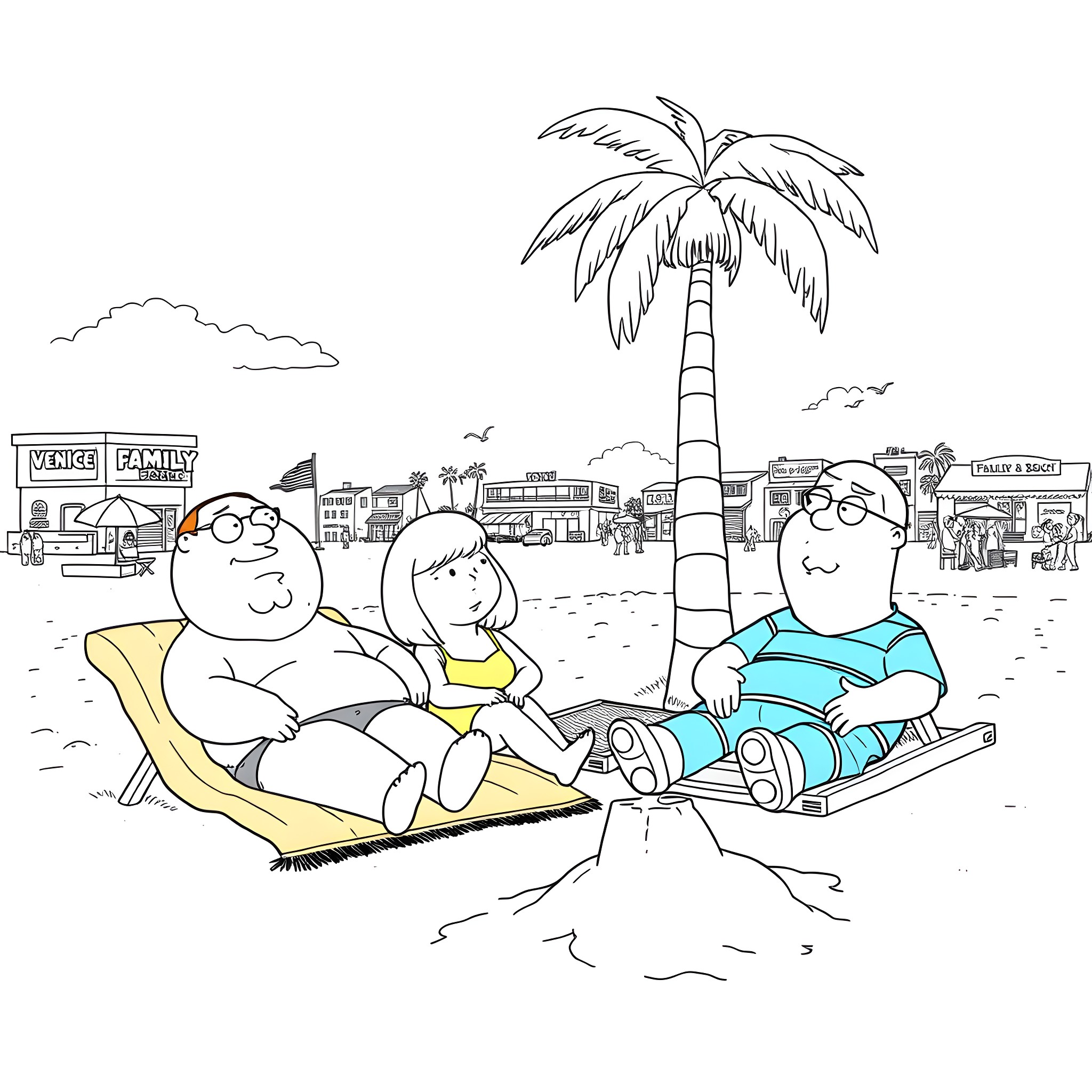Family Guy relaxing on the beach Coloring Page (free black-and-white line drawing printable PDF for all, from beginners to advanced learners, including children, teens, adults, and seniors)