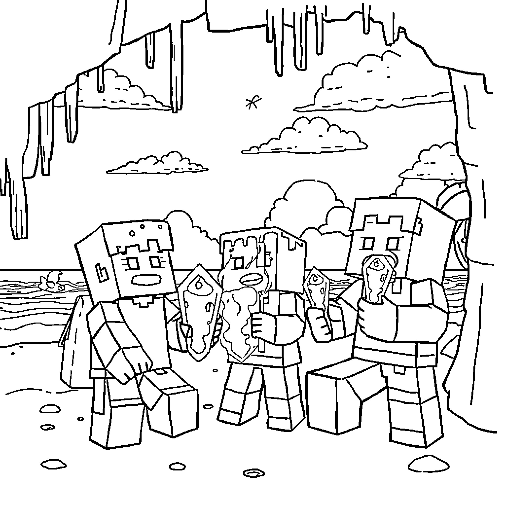 Minecraft characters exploring a fantastical landscape Coloring Page (free black-and-white line drawing printable PDF for all, from beginners to advanced learners, including children, teens, adults, and seniors)