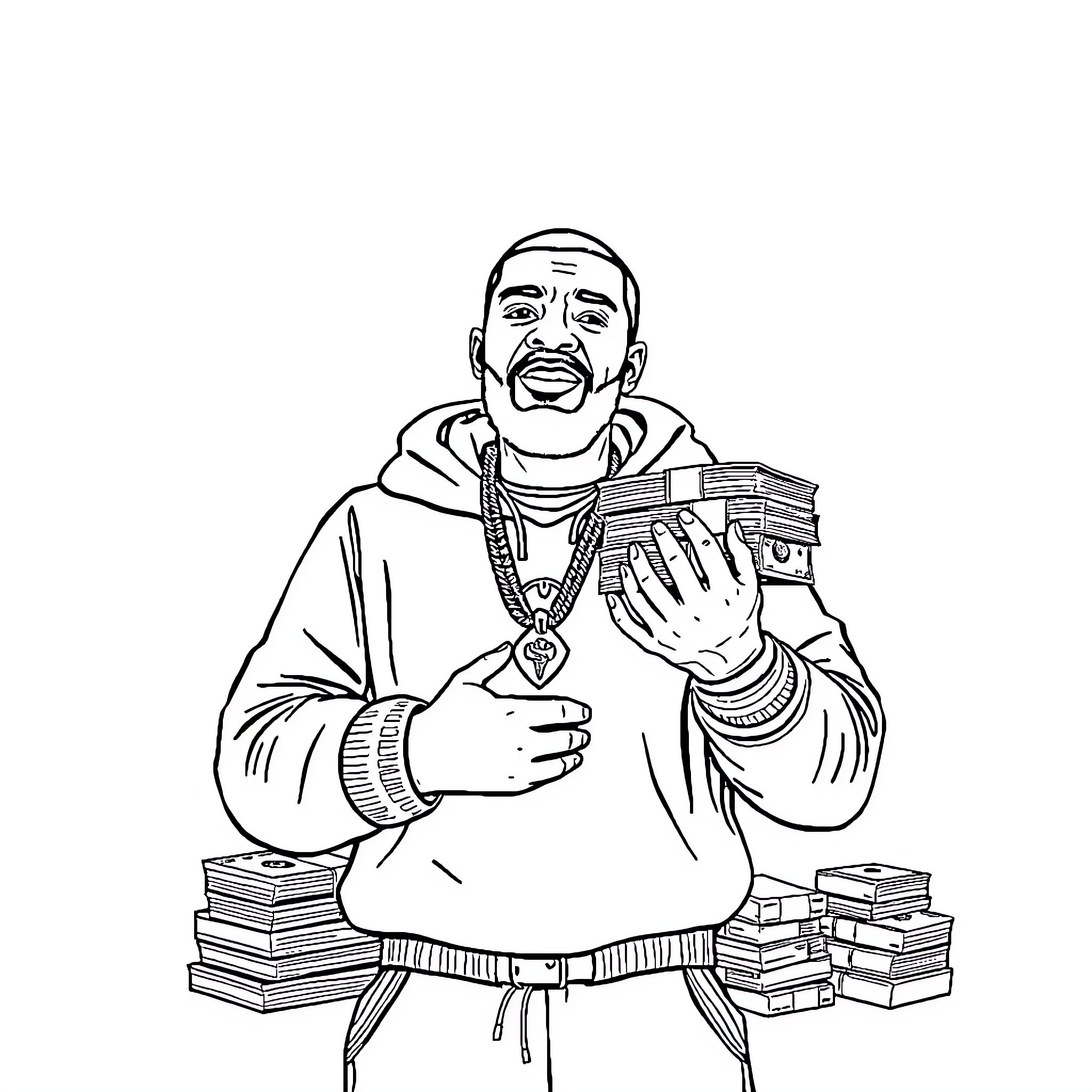 Drake counting cash while surrounded by books Coloring Page (free black-and-white line drawing printable PDF for all, from beginners to advanced learners, including children, teens, adults, and seniors)