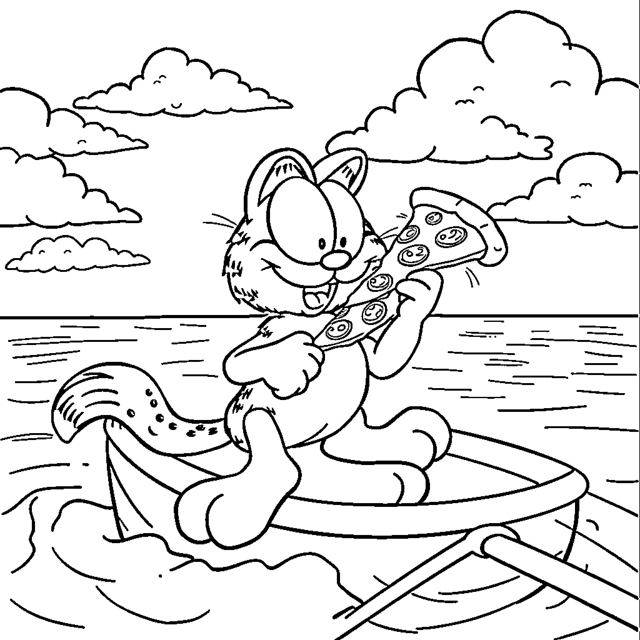 Garfield relaxing on a pool float with pizza Coloring Page (free black-and-white line drawing printable PDF for all, from beginners to advanced learners, including children, teens, adults, and seniors)
