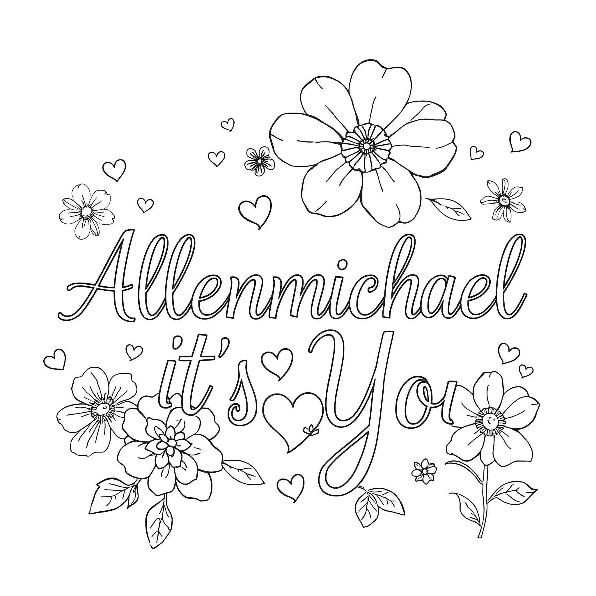 Flower text and doodle illustration Coloring Page (free black-and-white line drawing printable PDF for all, from beginners to advanced learners, including children, teens, adults, and seniors)