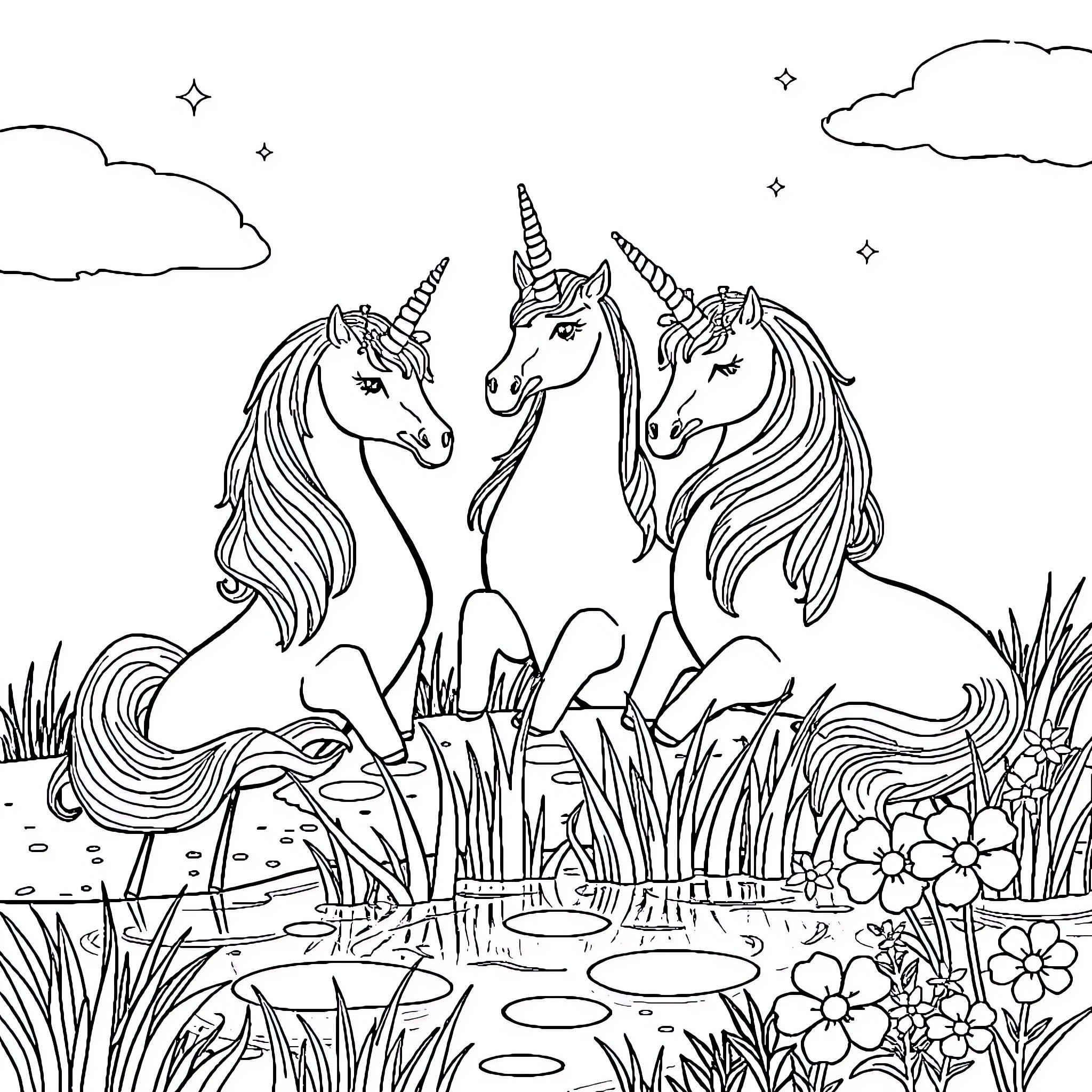 Unicorn trio frolicking in a magical meadow Coloring Page (free black-and-white line drawing printable PDF for all, from beginners to advanced learners, including children, teens, adults, and seniors)