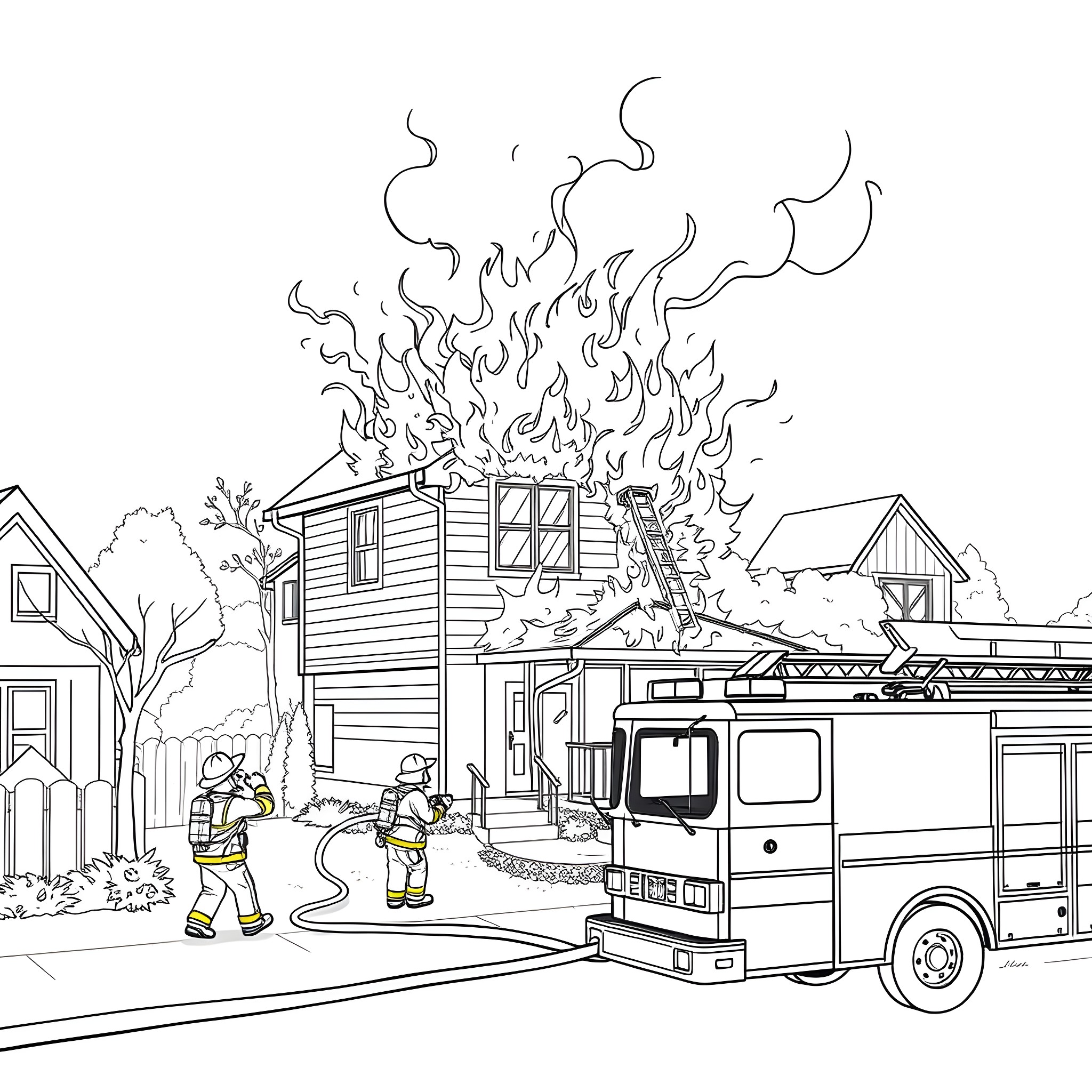 Firefighters battling a blaze in a residential area Coloring Page (free black-and-white line drawing printable PDF for all, from beginners to advanced learners, including children, teens, adults, and seniors)