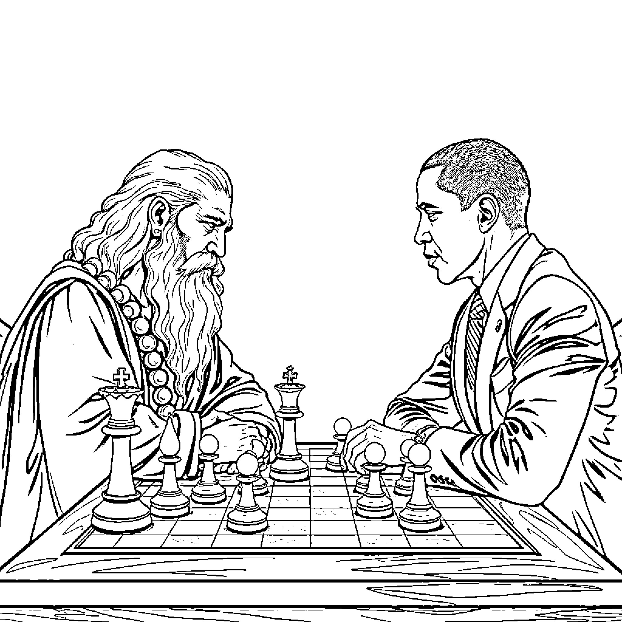 God's Wise Strategists: Chess Masters in Deep Contemplation Coloring Page (free black-and-white line drawing printable PDF for all, from beginners to advanced learners, including children, teens, adults, and seniors)