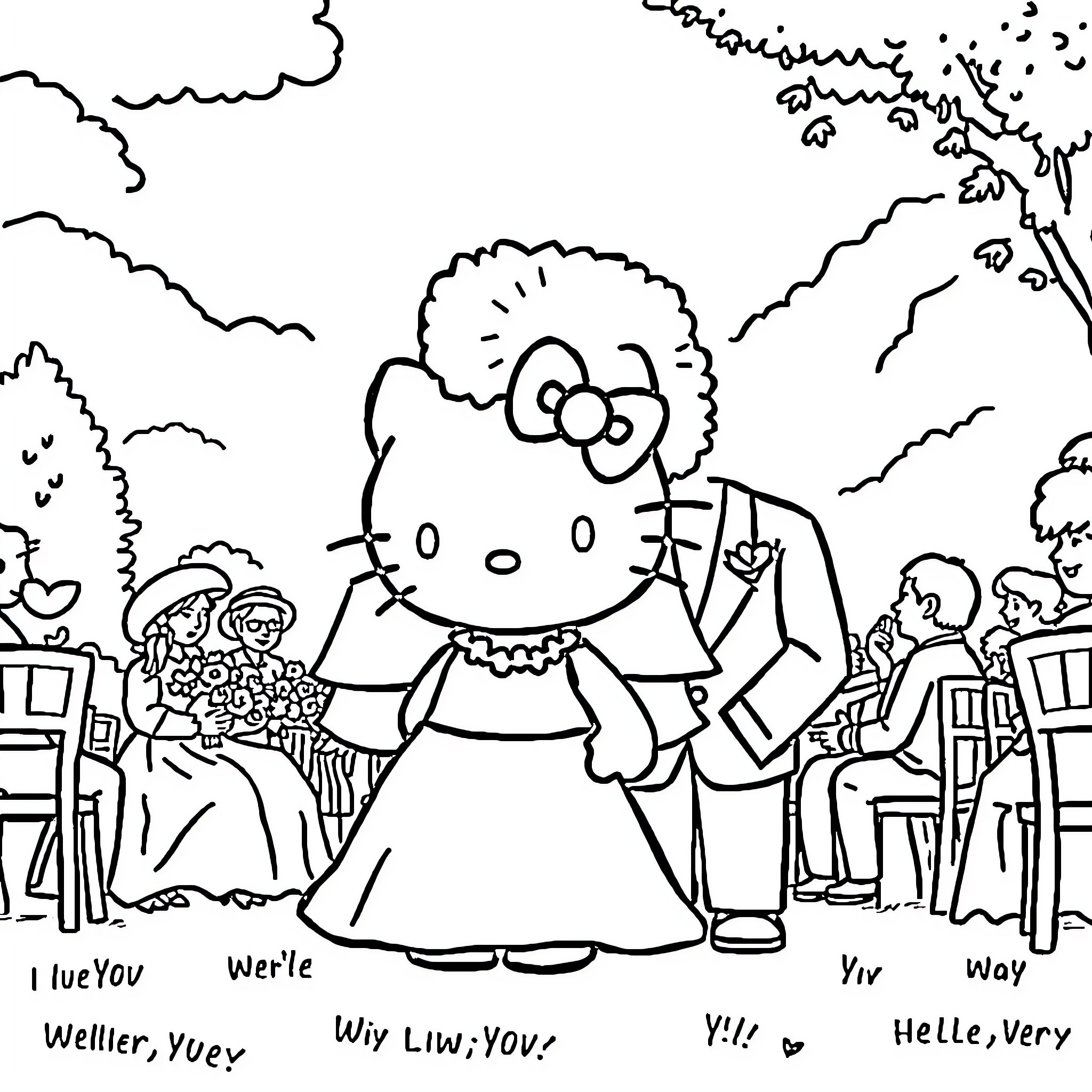 Hello Kitty's Elegant Wedding Celebration Coloring Page (free black-and-white line drawing printable PDF for all, from beginners to advanced learners, including children, teens, adults, and seniors)
