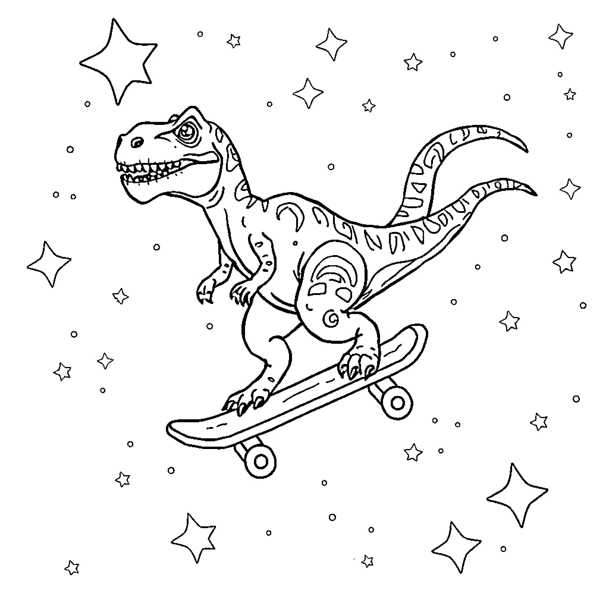 Dinosaur skateboarding among the stars Coloring Page (free black-and-white line drawing printable PDF for all, from beginners to advanced learners, including children, teens, adults, and seniors)