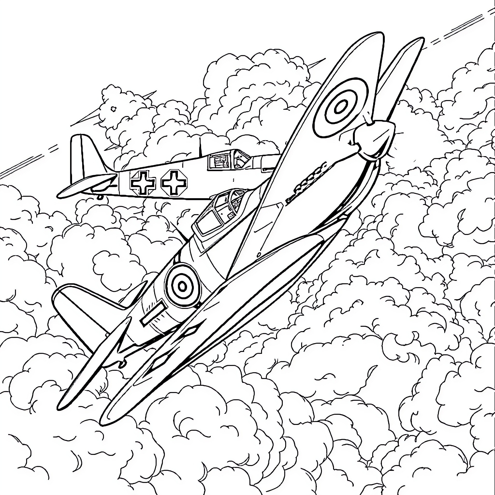 Mesershmitt fighter planes in aerial combat Coloring Page (free black-and-white line drawing printable PDF for all, from beginners to advanced learners, including children, teens, adults, and seniors)