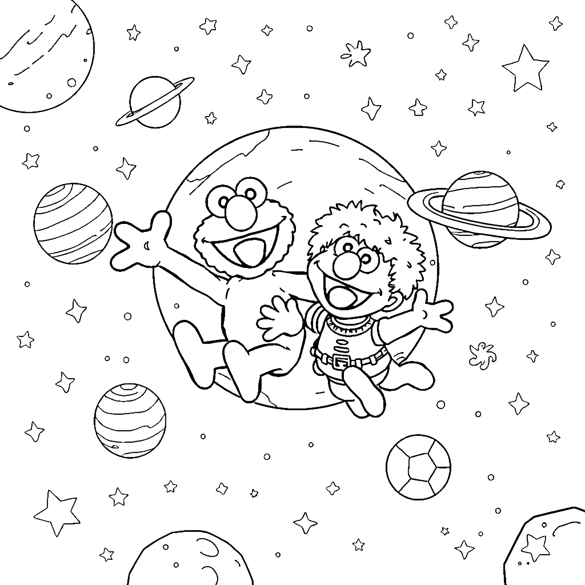 Elmo's Cosmic Adventure with Starry Companions Coloring Page (free black-and-white line drawing printable PDF for all, from beginners to advanced learners, including children, teens, adults, and seniors)
