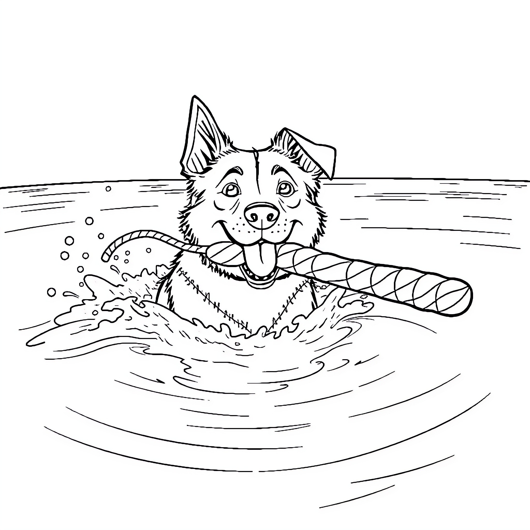 Dog fetching stick in water Coloring Page (free black-and-white line drawing printable PDF for all, from beginners to advanced learners, including children, teens, adults, and seniors)