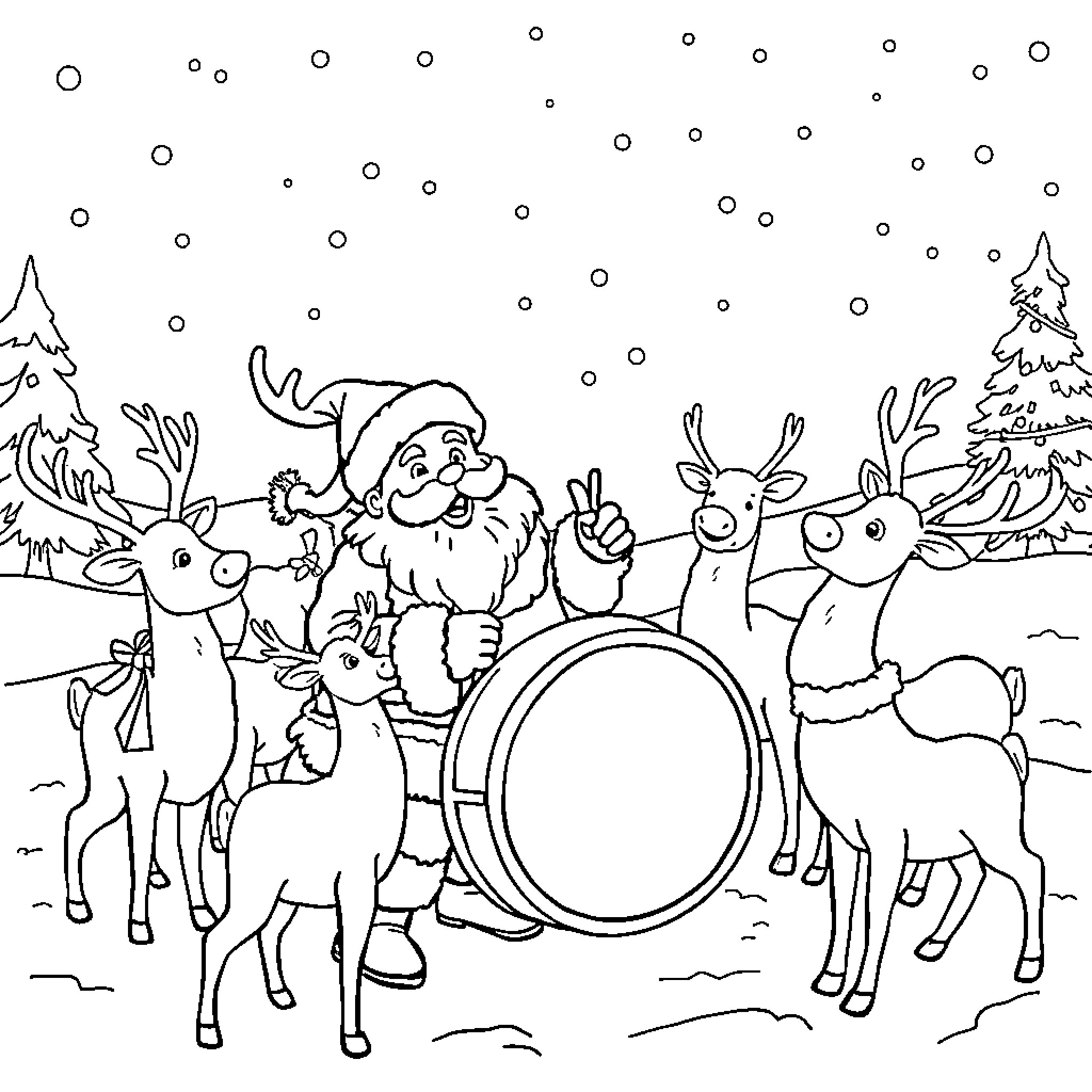 Santa and his reindeer friends in the winter wonderland Coloring Page (free black-and-white line drawing printable PDF for all, from beginners to advanced learners, including children, teens, adults, and seniors)