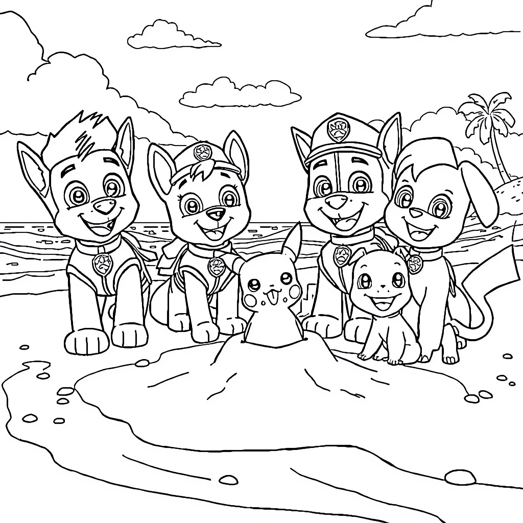 Paw Patrol Pups on a Tropical Beach Adventure Coloring Page (free black-and-white line drawing printable PDF for all, from beginners to advanced learners, including children, teens, adults, and seniors)
