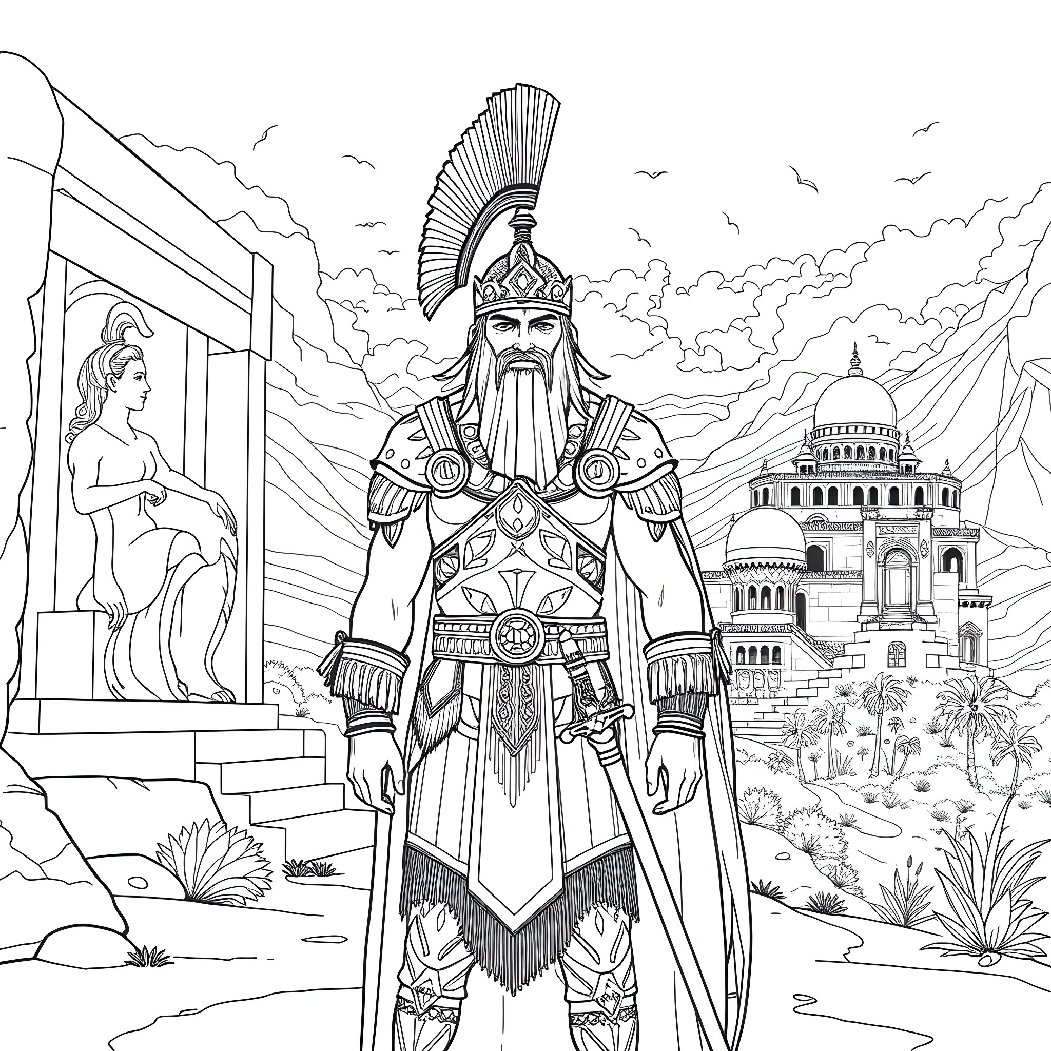 Assyrian Warrior Standing Proudly in Ancient Landscape Coloring Page (free black-and-white line drawing printable PDF for all, from beginners to advanced learners, including children, teens, adults, and seniors)