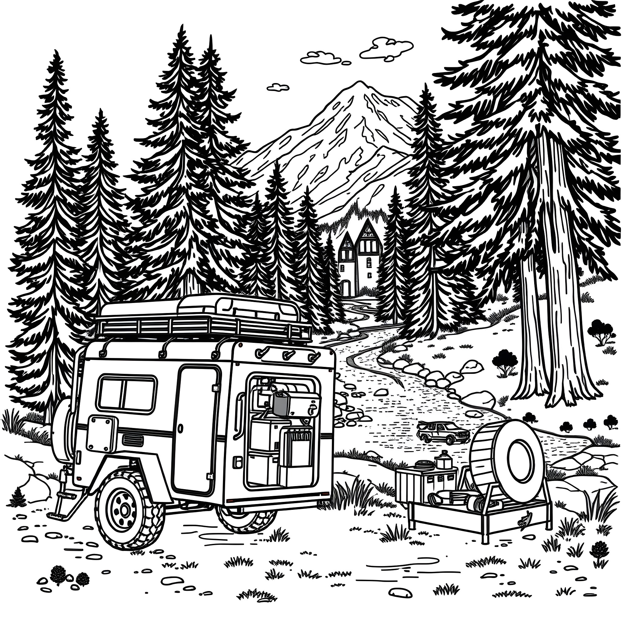 Trailer for adventurous outdoor camping in forest Coloring Page (free black-and-white line drawing printable PDF for all, from beginners to advanced learners, including children, teens, adults, and seniors)