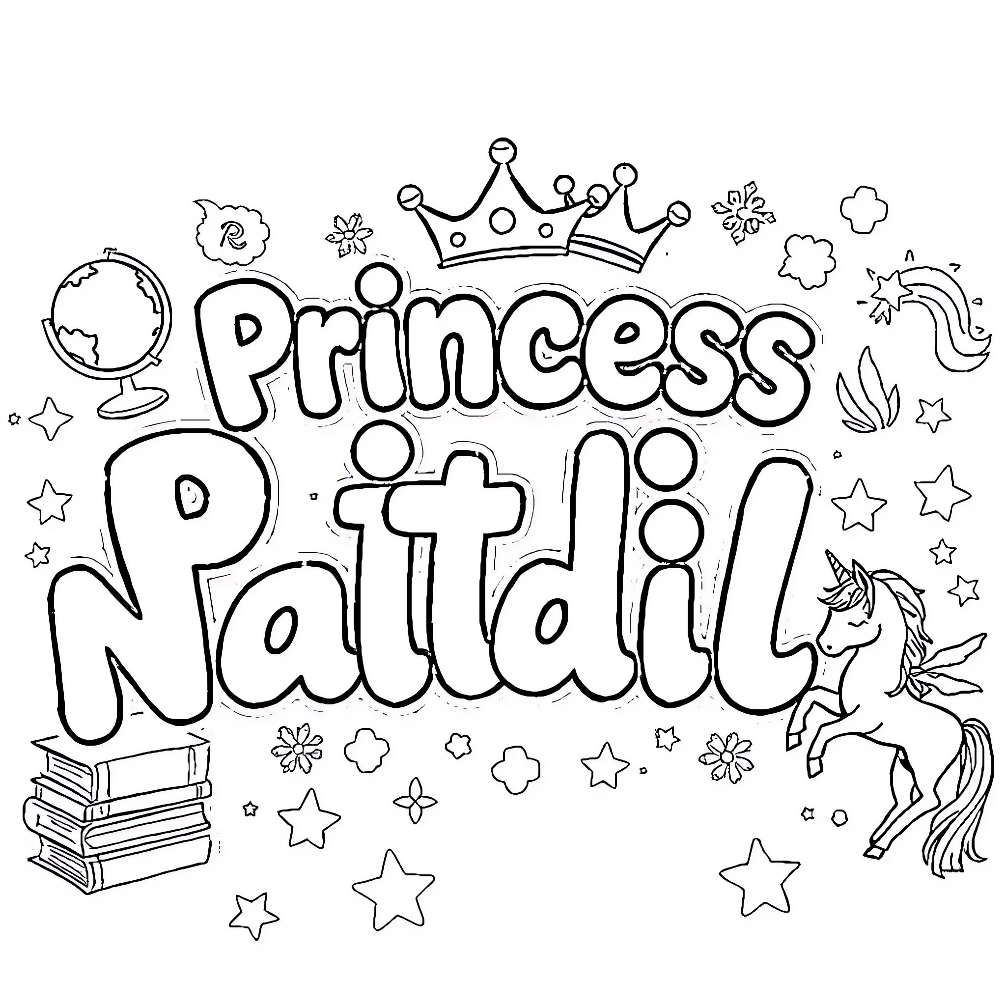 Princess adventures with unicorns and storybooks Coloring Page (free black-and-white line drawing printable PDF for all, from beginners to advanced learners, including children, teens, adults, and seniors)