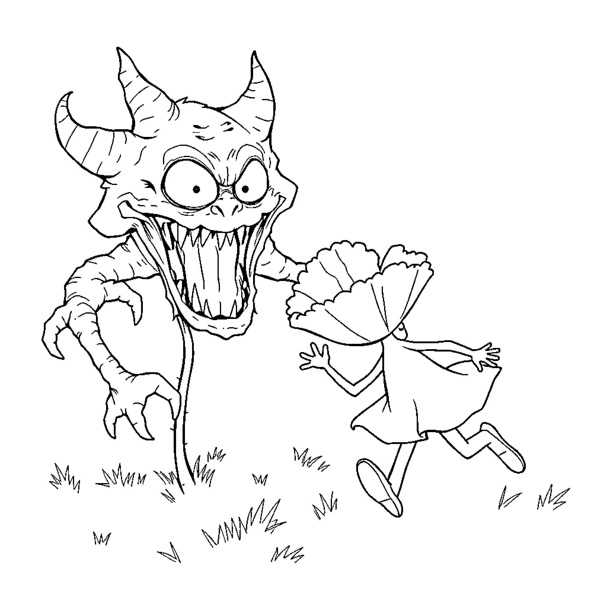 Poppy fleeing from a monstrous creature in the meadow Coloring Page (free black-and-white line drawing printable PDF for all, from beginners to advanced learners, including children, teens, adults, and seniors)