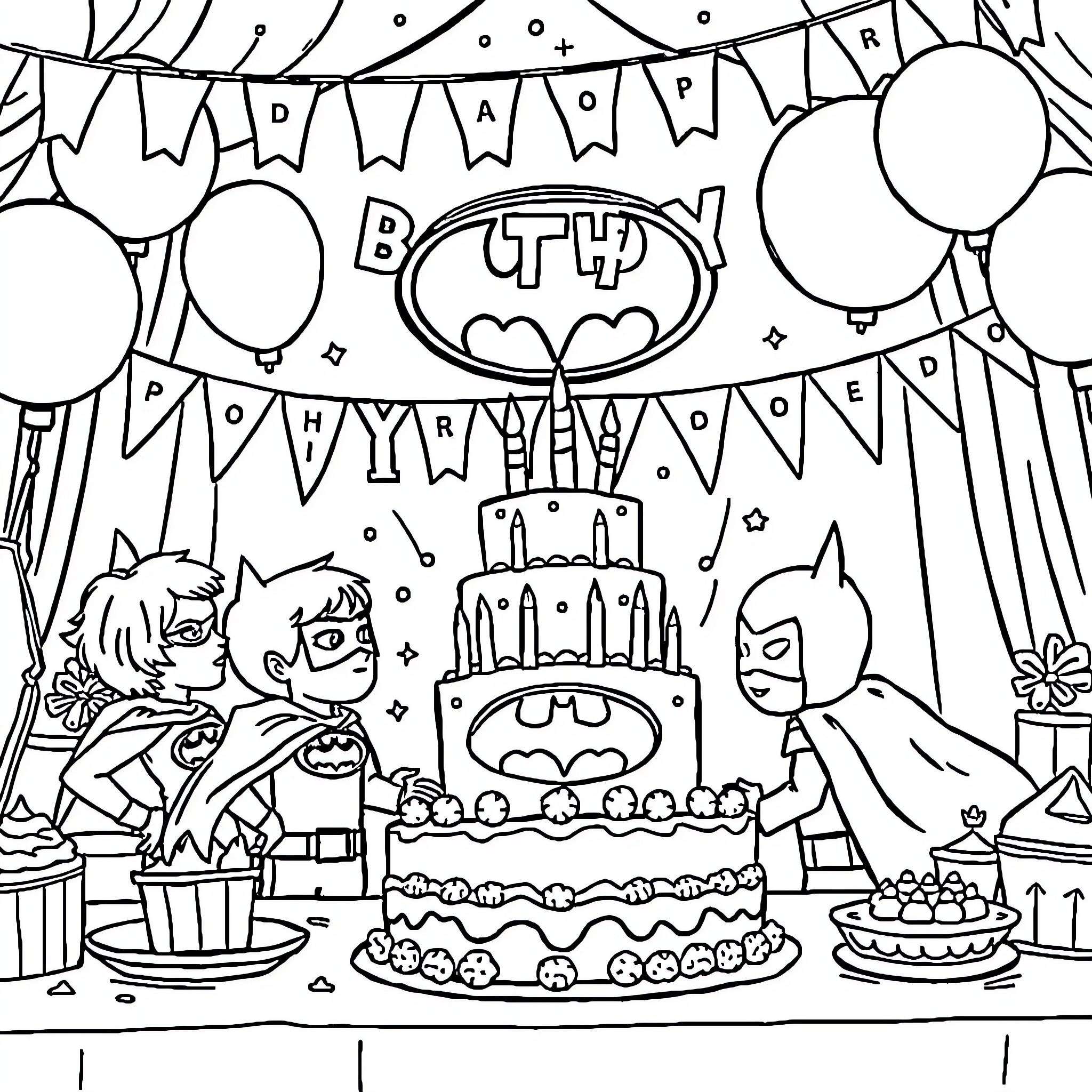 Batman celebrating a birthday party with friends Coloring Page (free black-and-white line drawing printable PDF for all, from beginners to advanced learners, including children, teens, adults, and seniors)