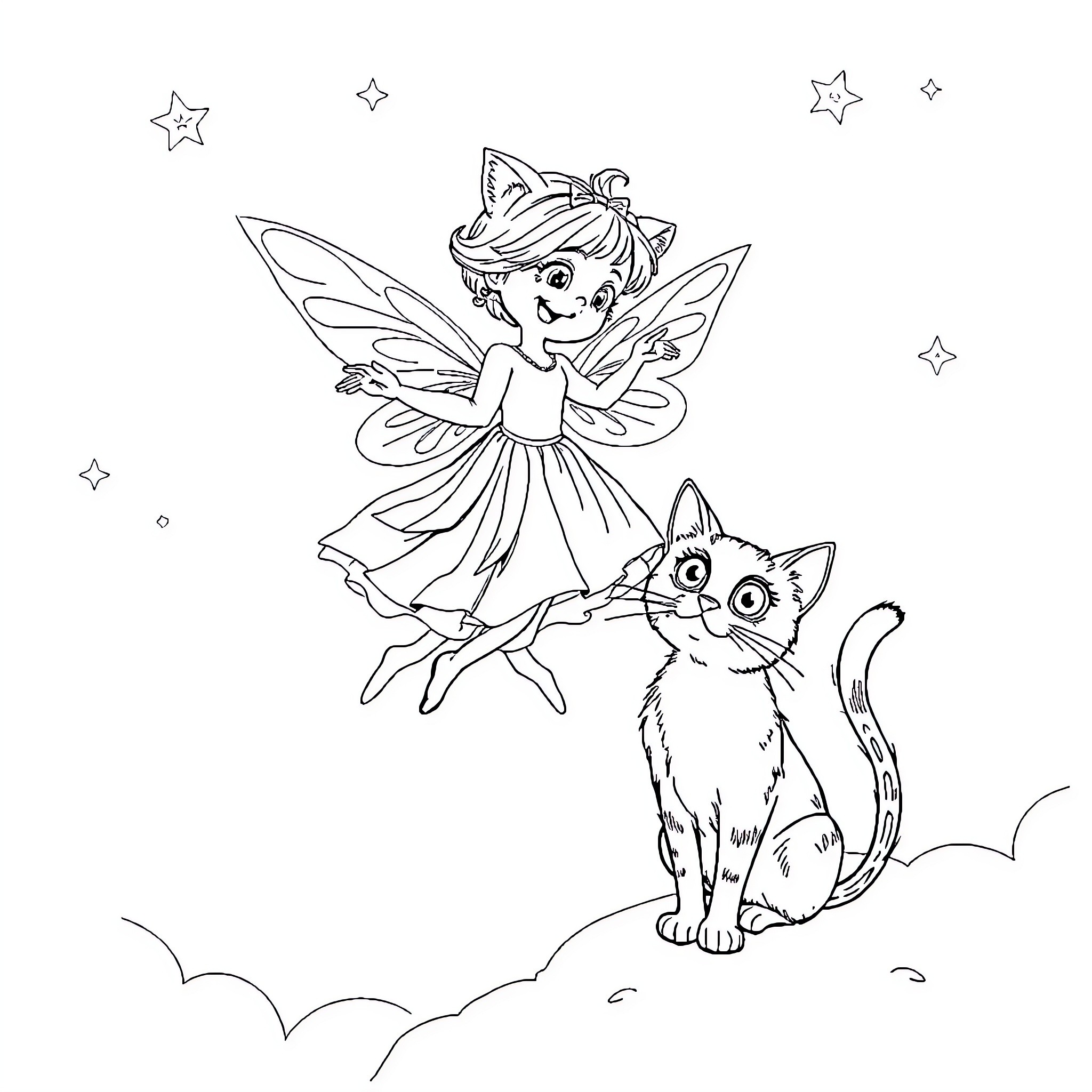 Fairy girl playing with a curious cat under the starry sky Coloring Page (free black-and-white line drawing printable PDF for all, from beginners to advanced learners, including children, teens, adults, and seniors)