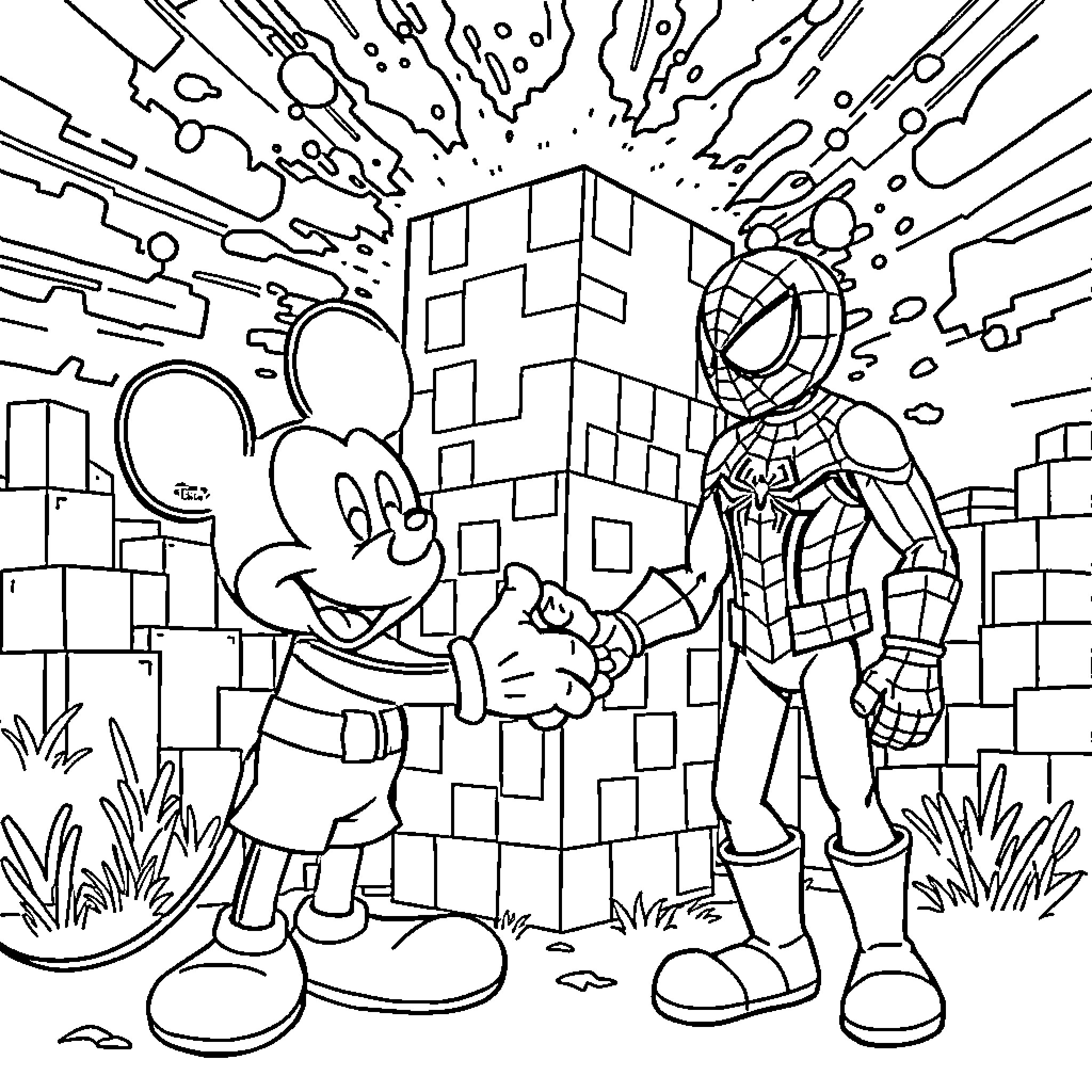 Mickey Mouse shaking hands with Spiderman in the city Coloring Page (free black-and-white line drawing printable PDF for all, from beginners to advanced learners, including children, teens, adults, and seniors)