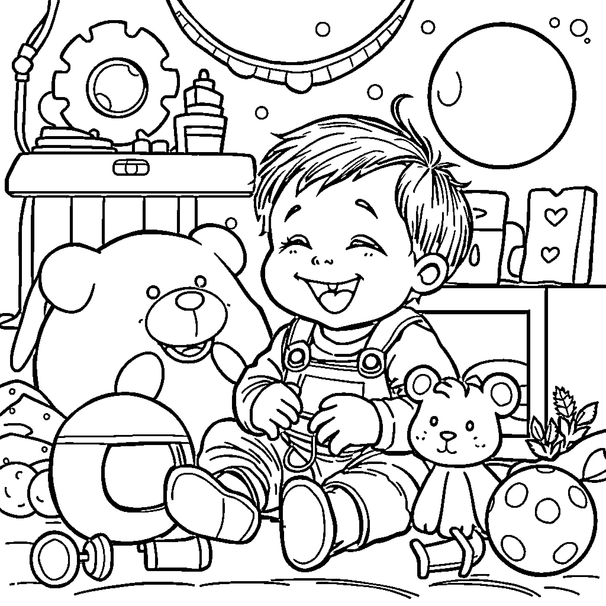 Toddler happily playing with toys and stuffed animals Coloring Page (free black-and-white line drawing printable PDF for all, from beginners to advanced learners, including children, teens, adults, and seniors)