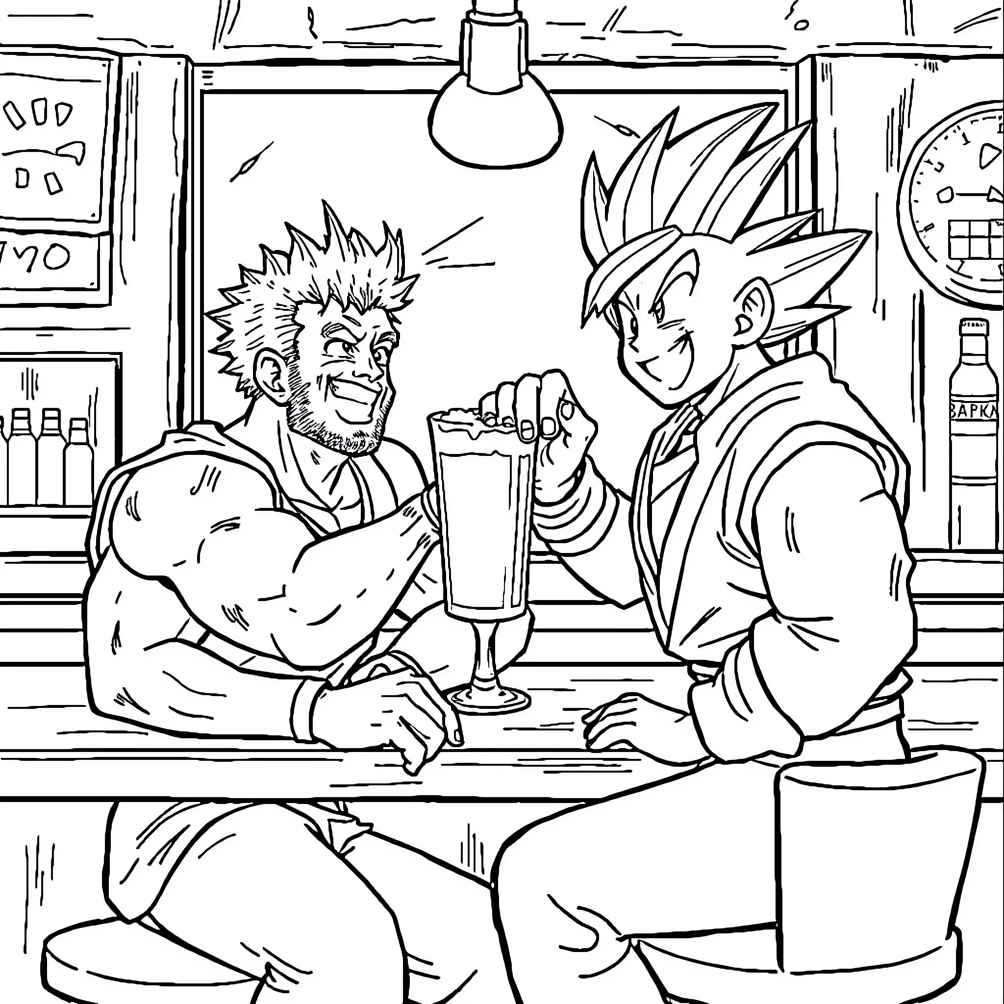 Steve Austin enjoying drinks with friend at the bar Coloring Page (free black-and-white line drawing printable PDF for all, from beginners to advanced learners, including children, teens, adults, and seniors)