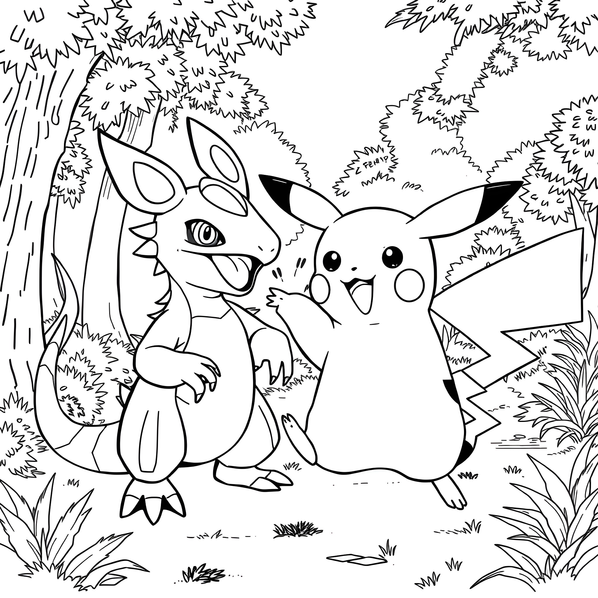 Pikachu and Pokémon friends in the forest Coloring Page (free black-and-white line drawing printable PDF for all, from beginners to advanced learners, including children, teens, adults, and seniors)