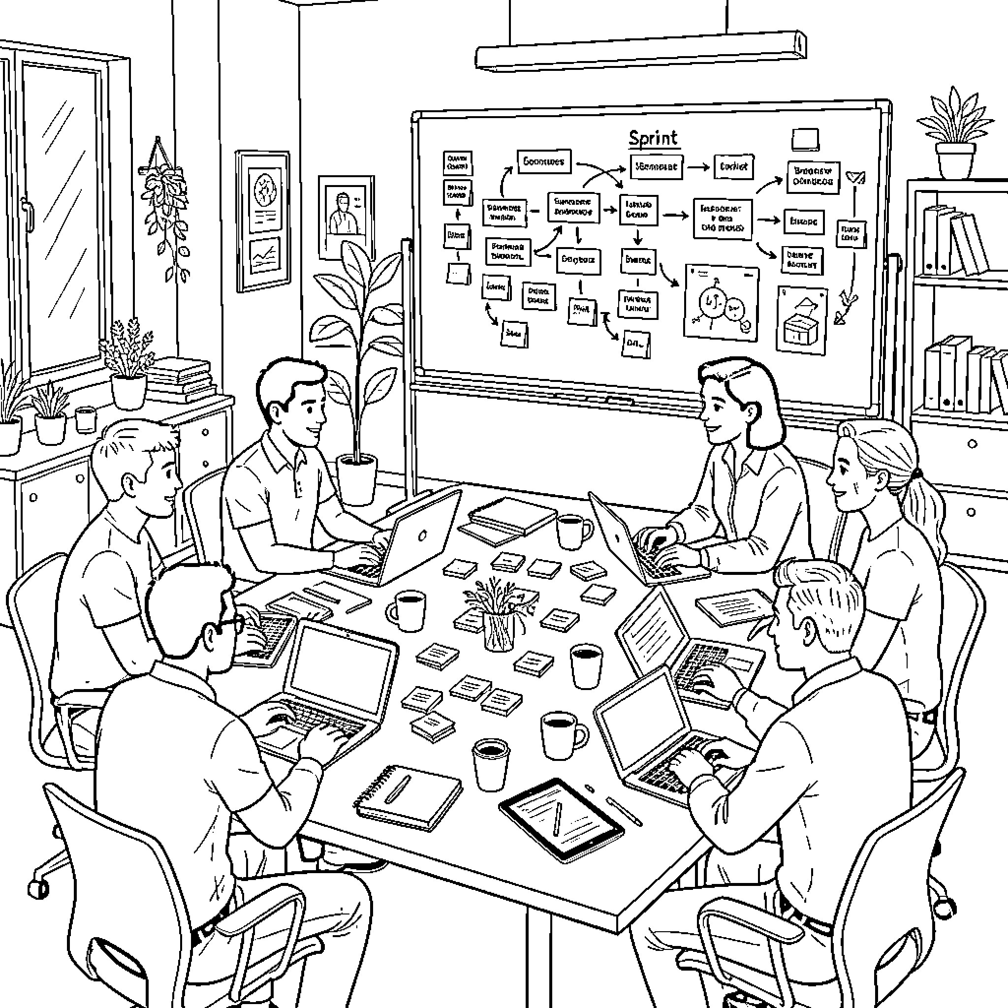 Meeting of professionals collaborating around a conference table Coloring Page (free black-and-white line drawing printable PDF for all, from beginners to advanced learners, including children, teens, adults, and seniors)
