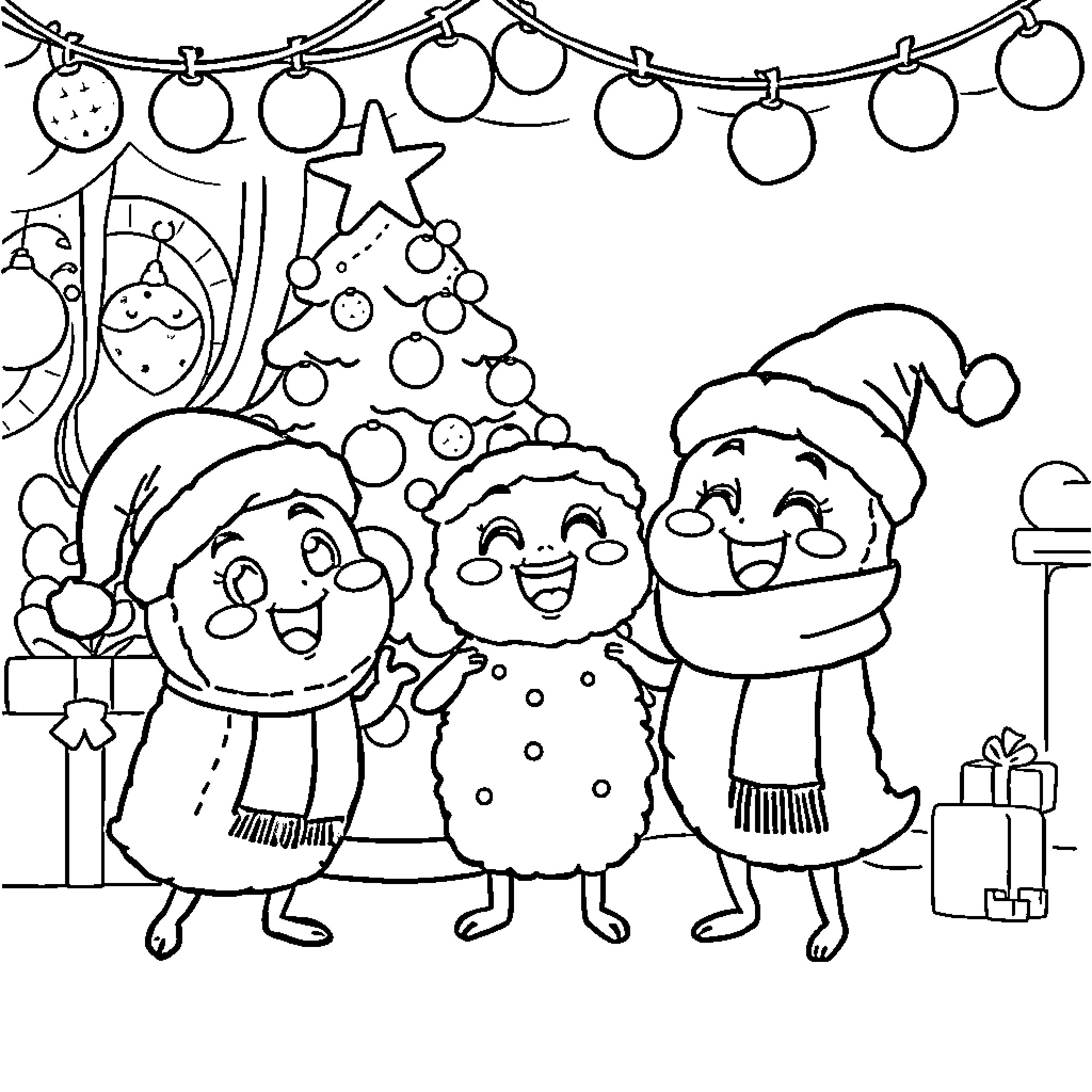 Sushi friends celebrating Christmas together Coloring Page (free black-and-white line drawing printable PDF for all, from beginners to advanced learners, including children, teens, adults, and seniors)